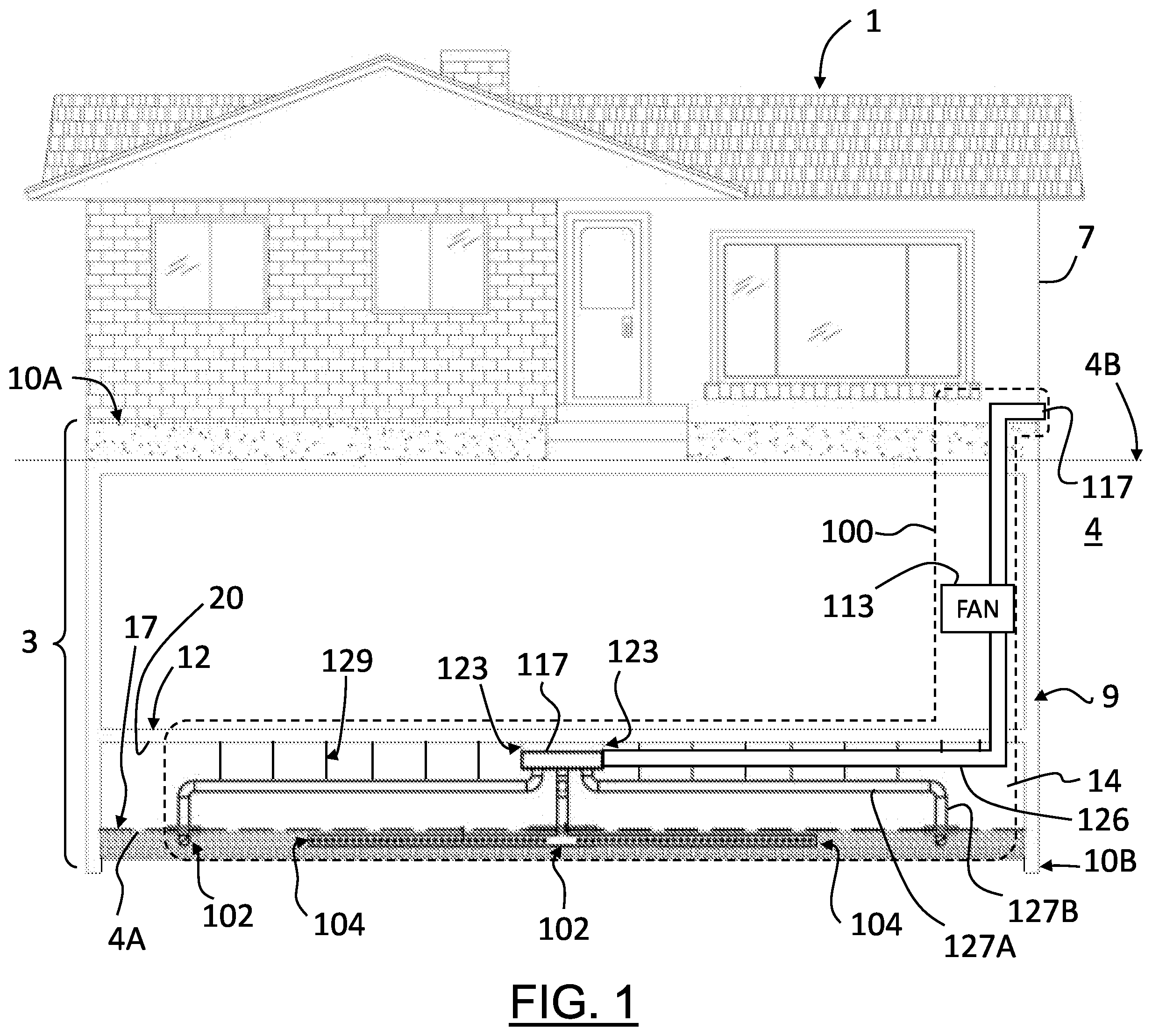 Patent US12378745 Figure 1 – Radon gas mitigation system and kit for a building with a crawlspace
