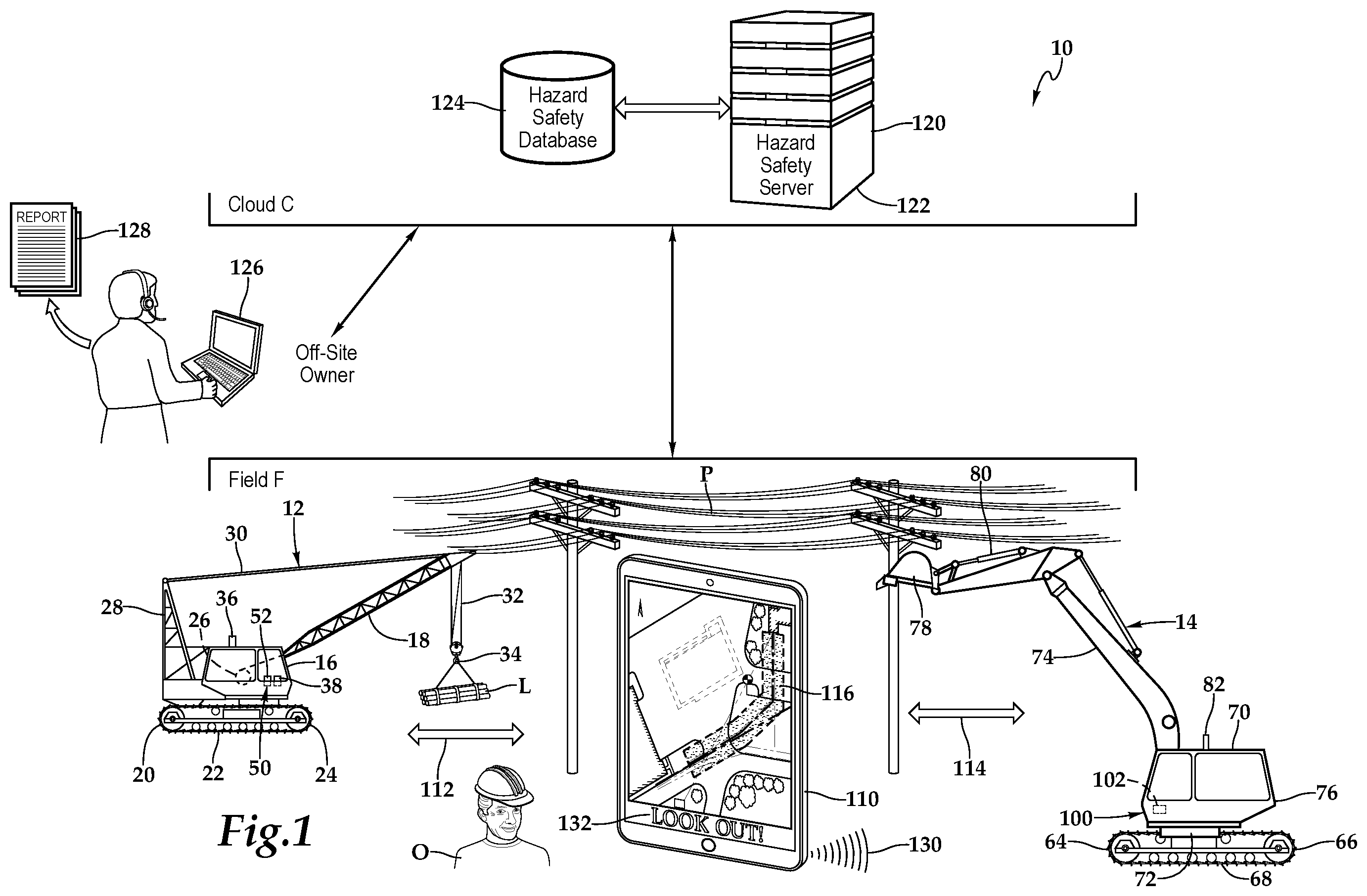 Patent US12378752 Figure 1 – Heavy equipment hazard warning apparatus and system and method for use of same