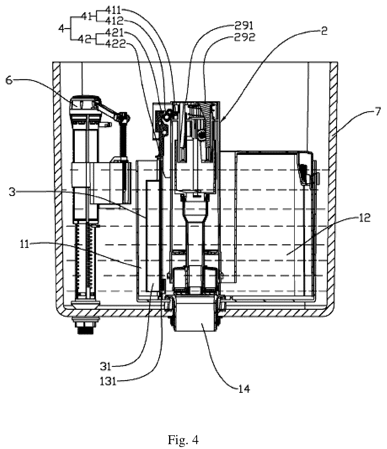 Patent US12378755 Figure 4 – Water tank drainage volume control structure, and toilet