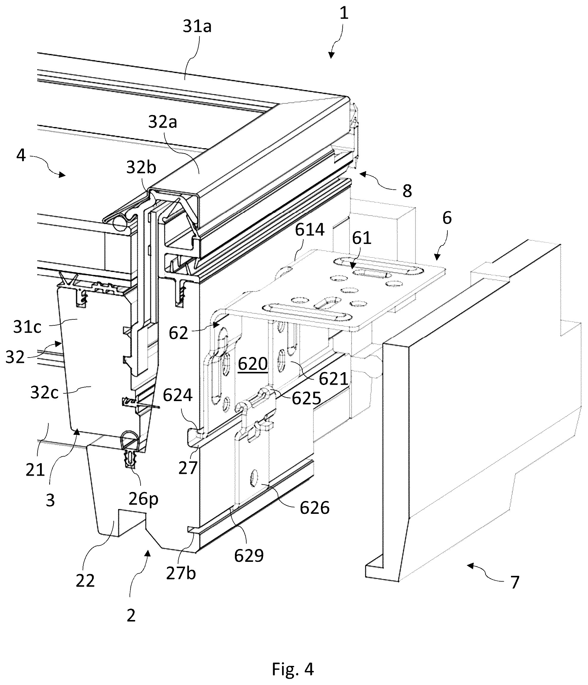 Patent US12378769 Figure 4 – Roof window comprising a frame with receiving structures