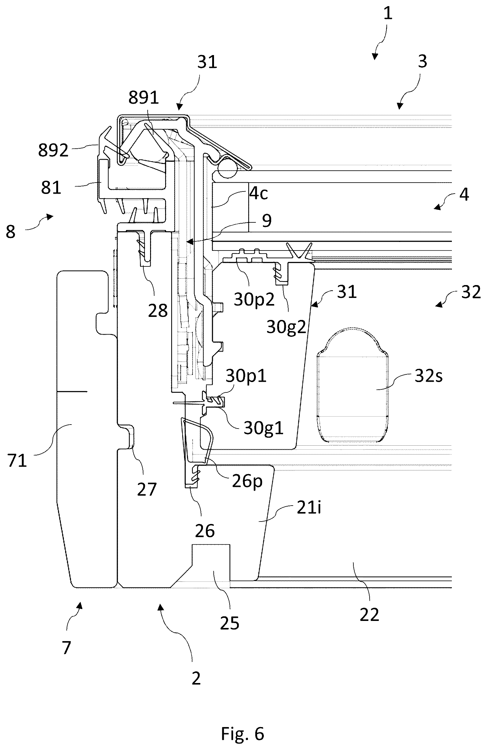Patent US12378769 Figure 6 – Roof window comprising a frame with receiving structures
