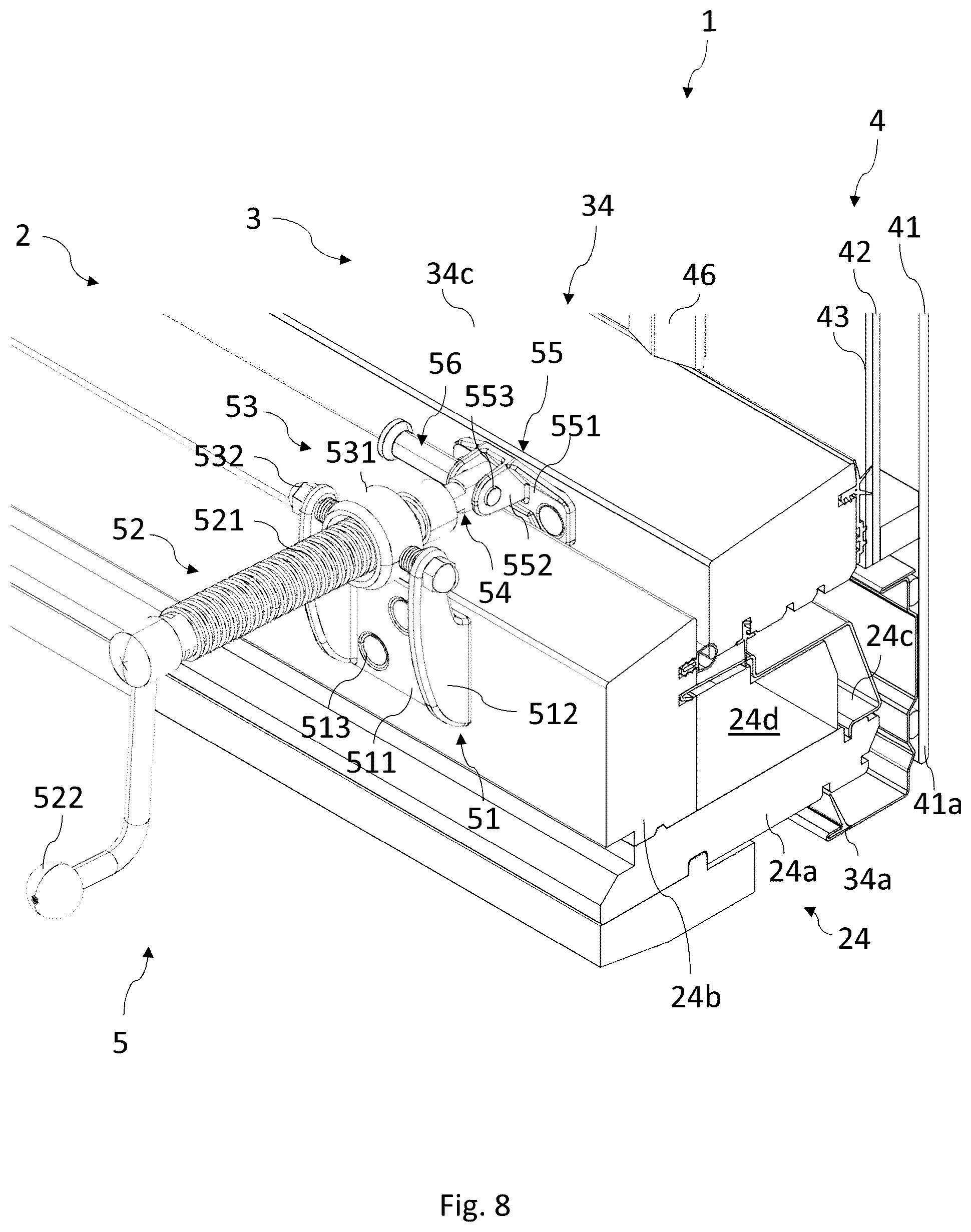 Patent US12378769 Figure 8 – Roof window comprising a frame with receiving structures