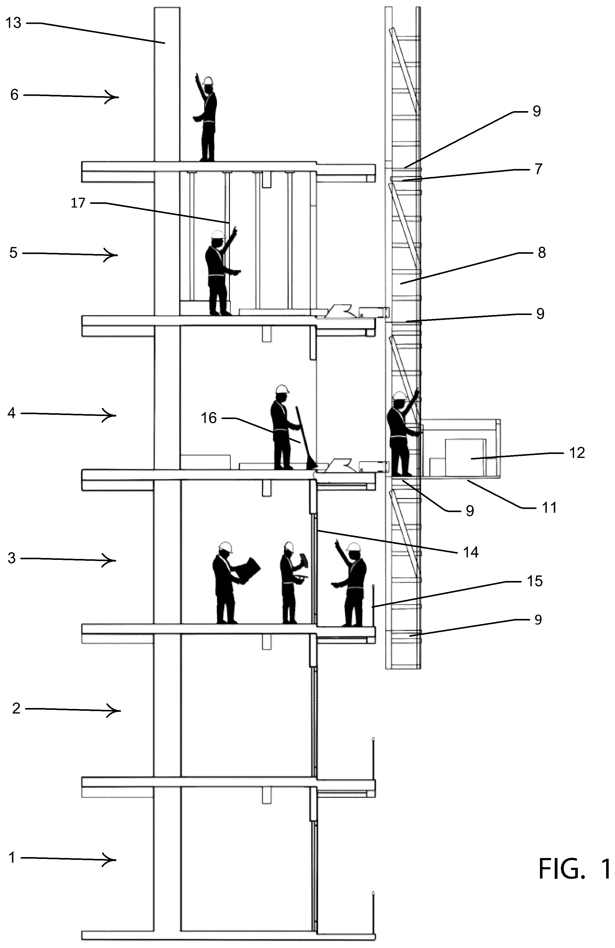Patent US12378787 Figure 1 – Integrated structural and architectural facade level-by-level construction system