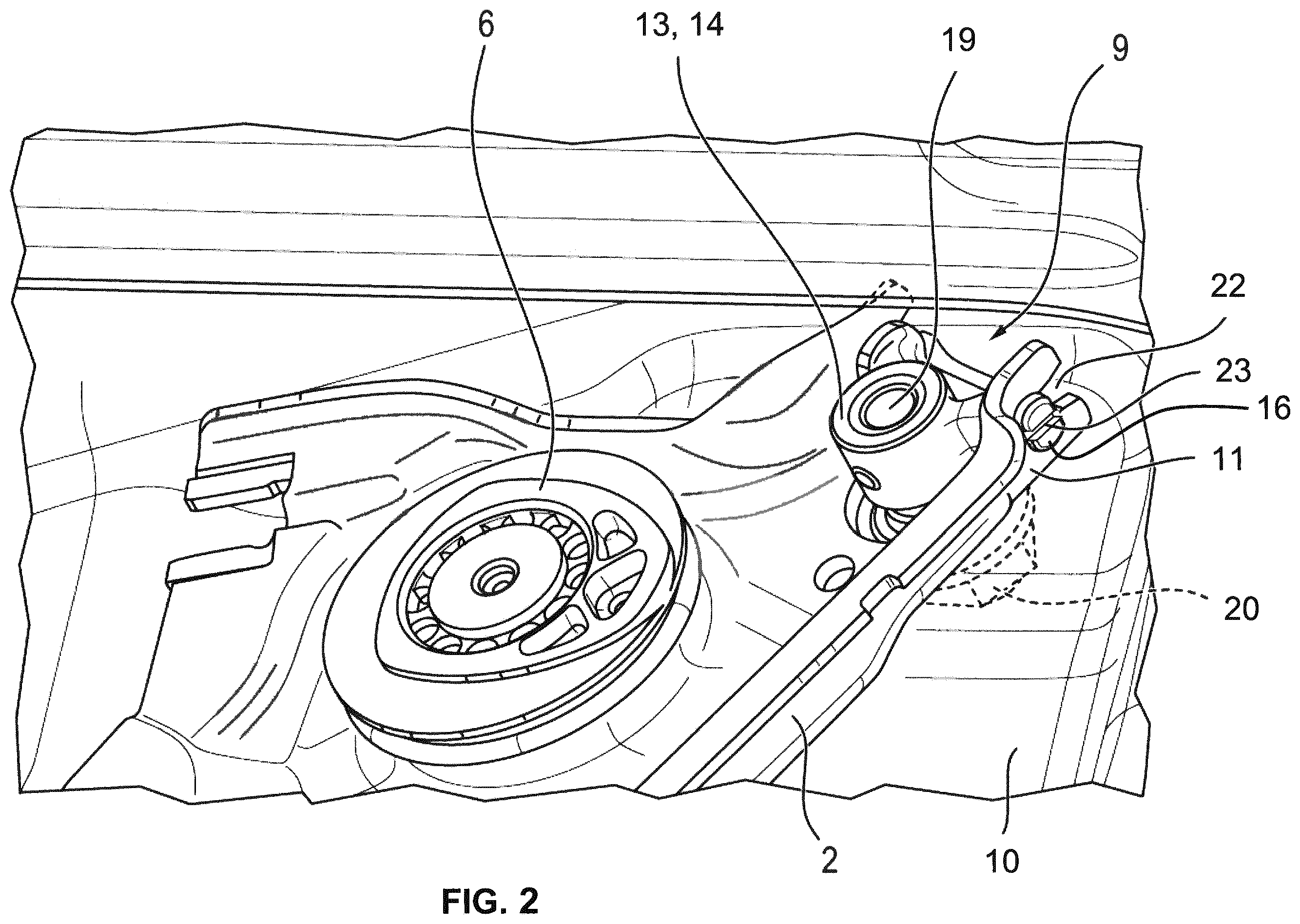 Patent US12378805 Figure 2 – Fastening device for a window lifter, and window lifter
