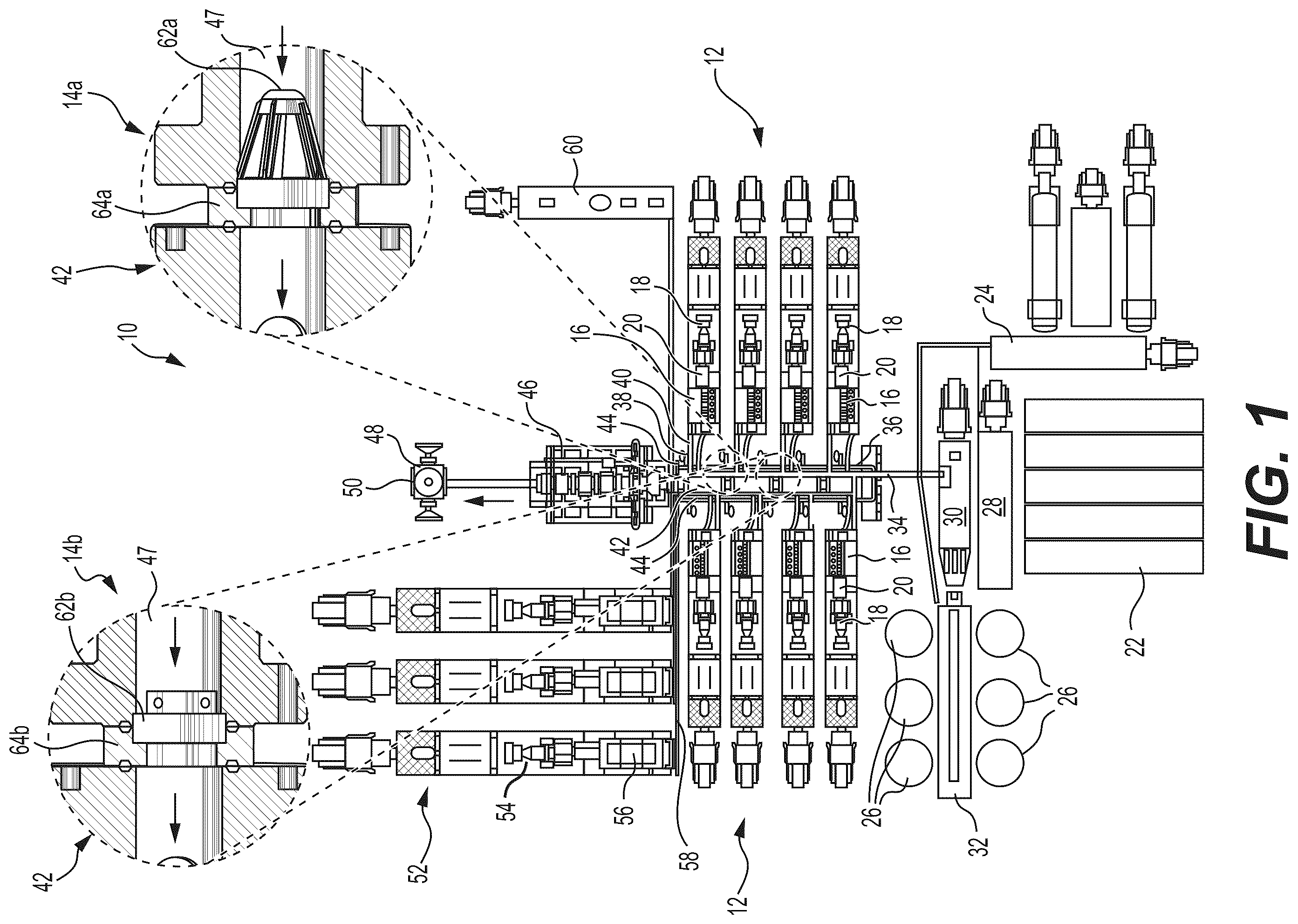 Patent US12378864 Figure 1 – Systems and methods to reduce acoustic resonance or disrupt standing wave formation in a fluid manifold of a high-pressure fracturing system