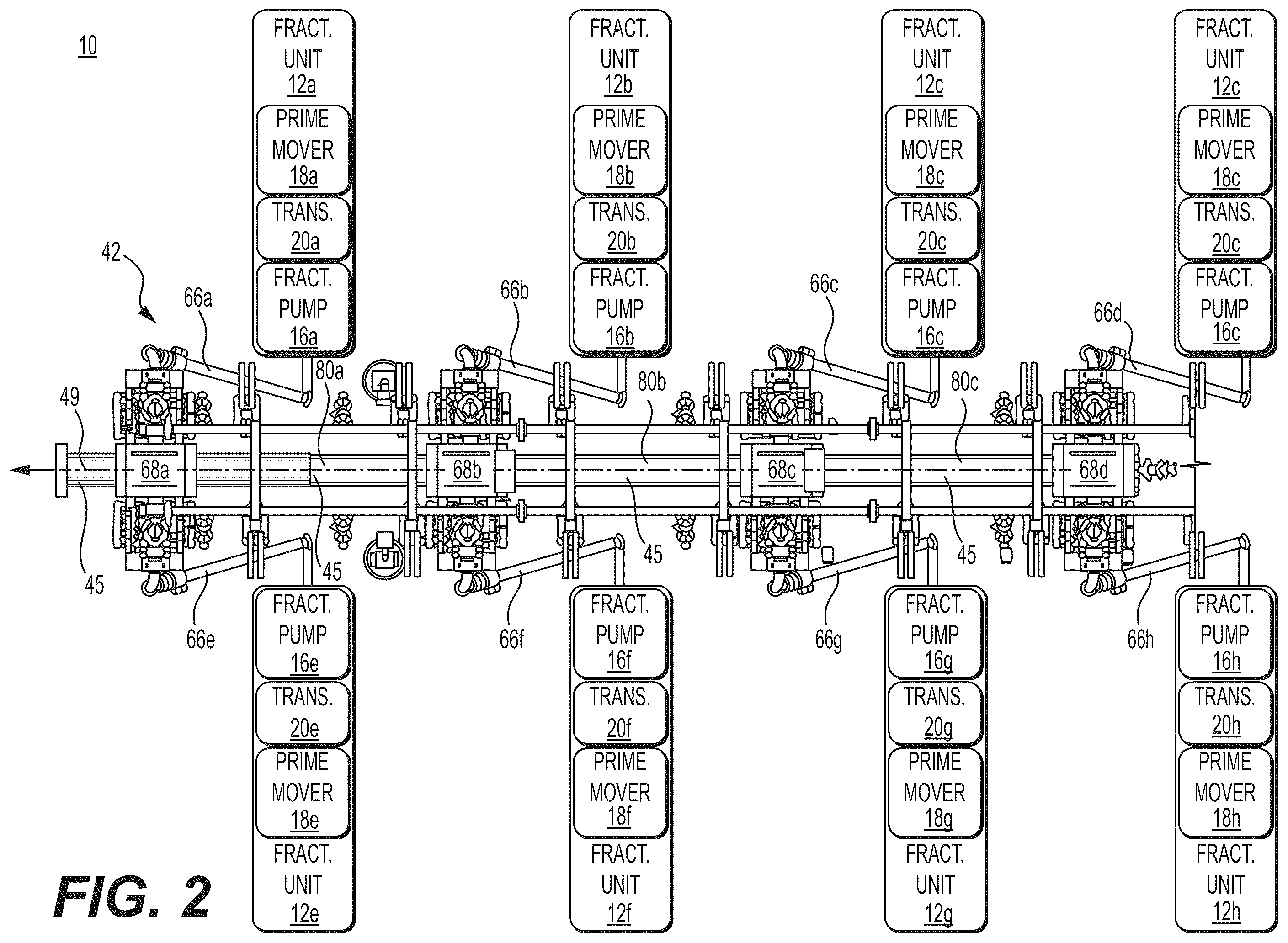 Patent US12378864 Figure 2 – Systems and methods to reduce acoustic resonance or disrupt standing wave formation in a fluid manifold of a high-pressure fracturing system