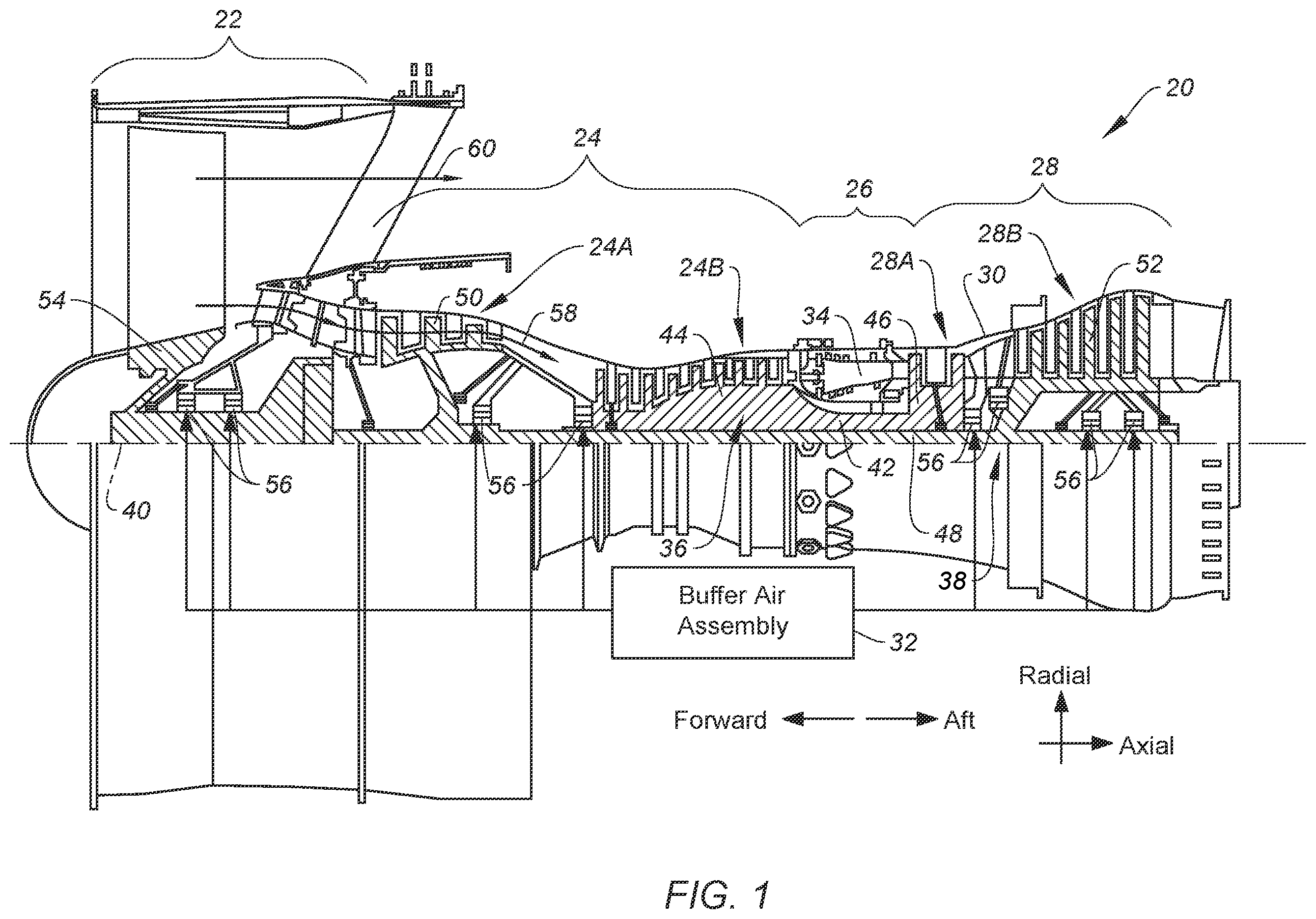 Patent US12378893 Figure 1 – Buffer air assembly for an aircraft engine