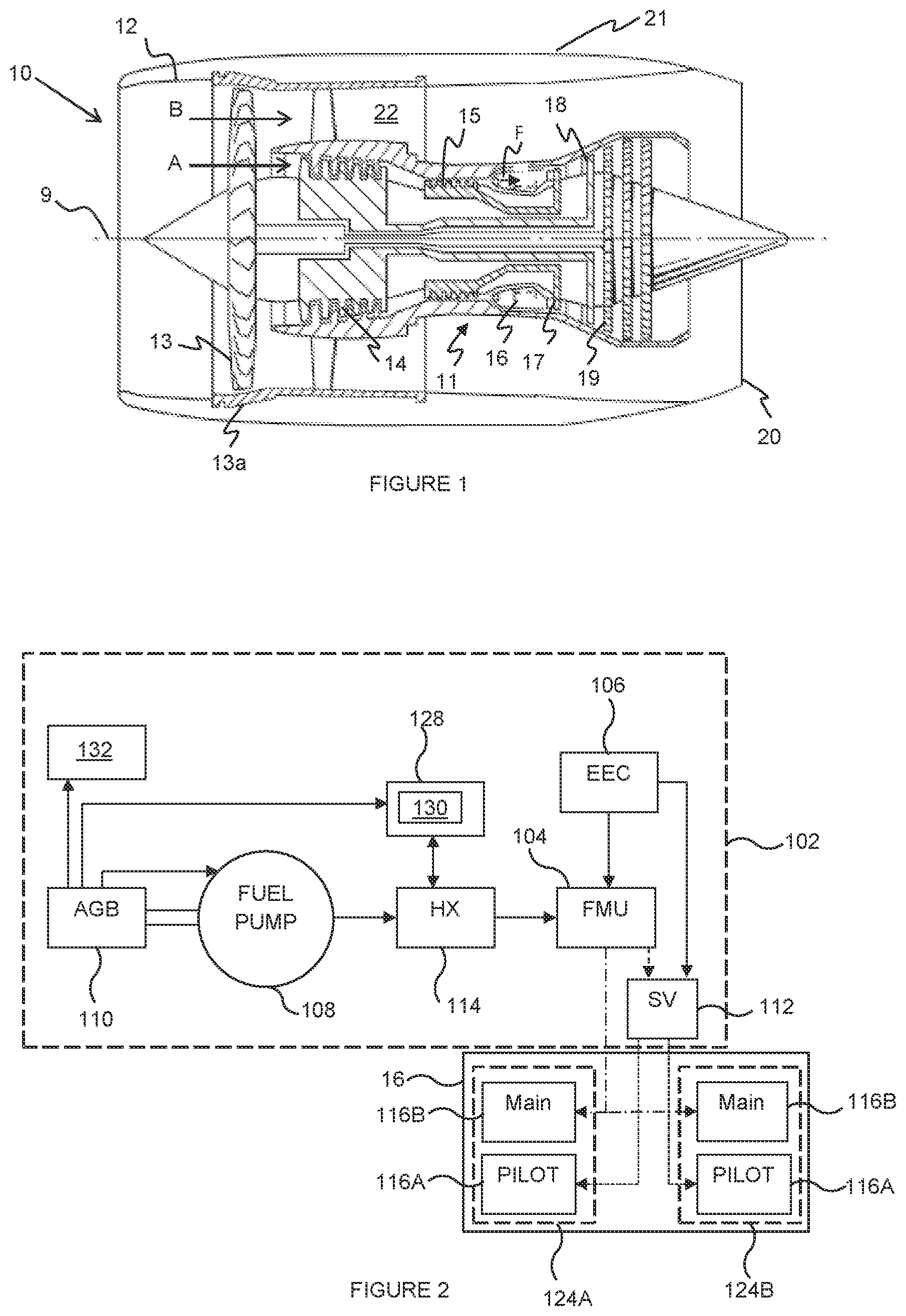 Patent US12378920 Figure 1 – Gas turbine engine comprising fuel-oil heat exchangers fluidly connected to fuel spray nozzles