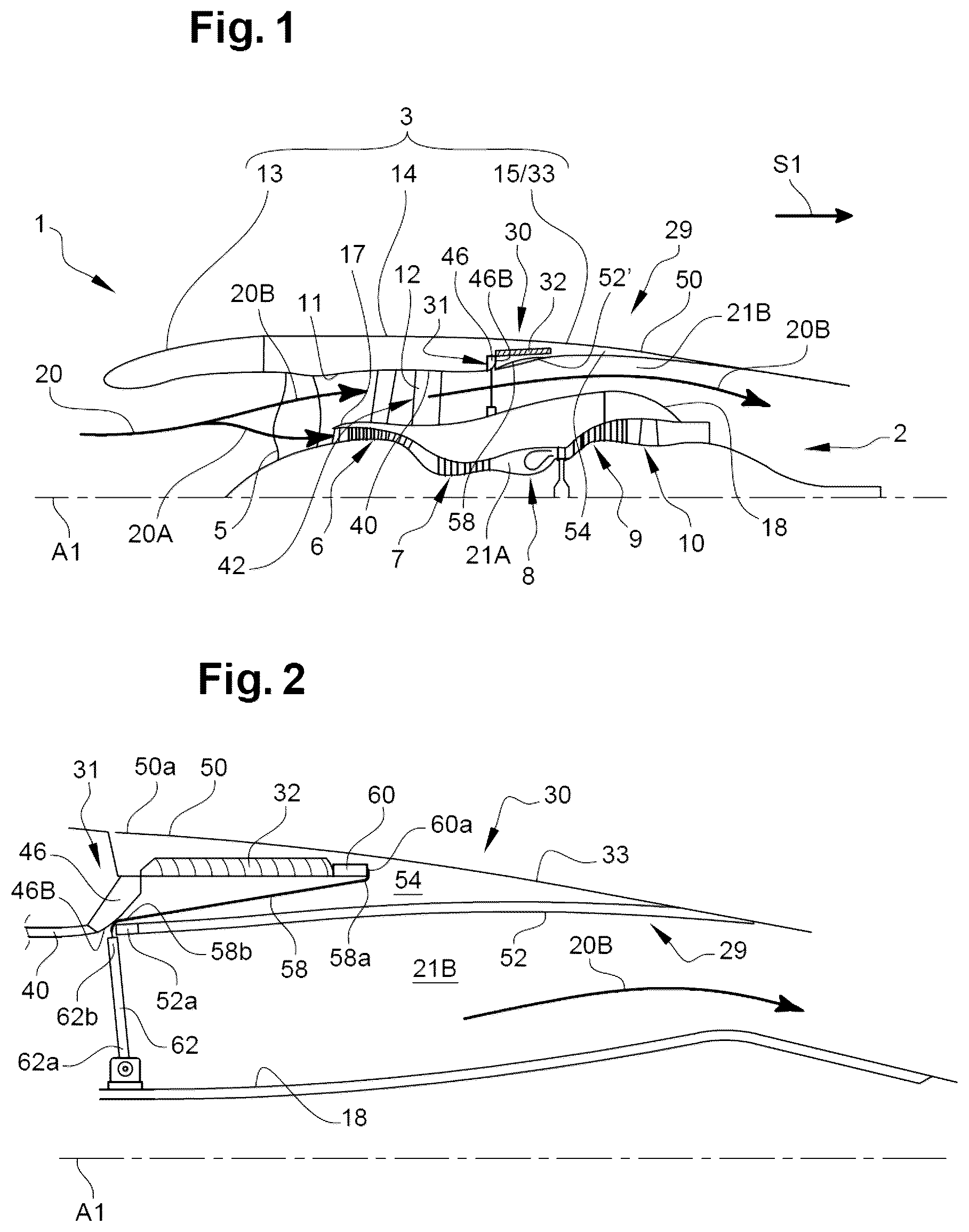 Patent US12378929 Figure 1 – Thrust reverser comprising fixed cascades and a sealing membrane