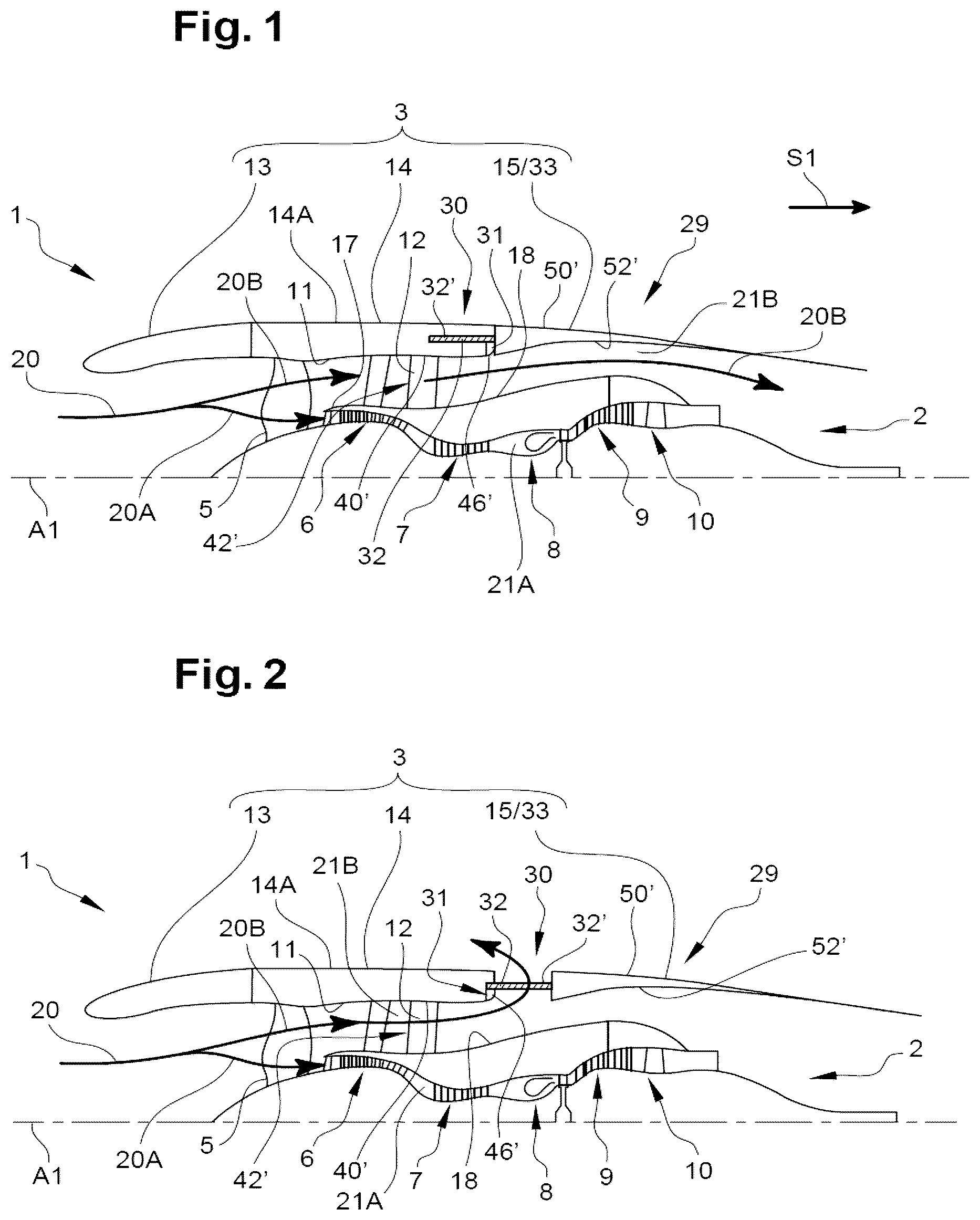 Patent US12378930 Figure 1 – Thrust reverser comprising movable cascades and a sealing membrane