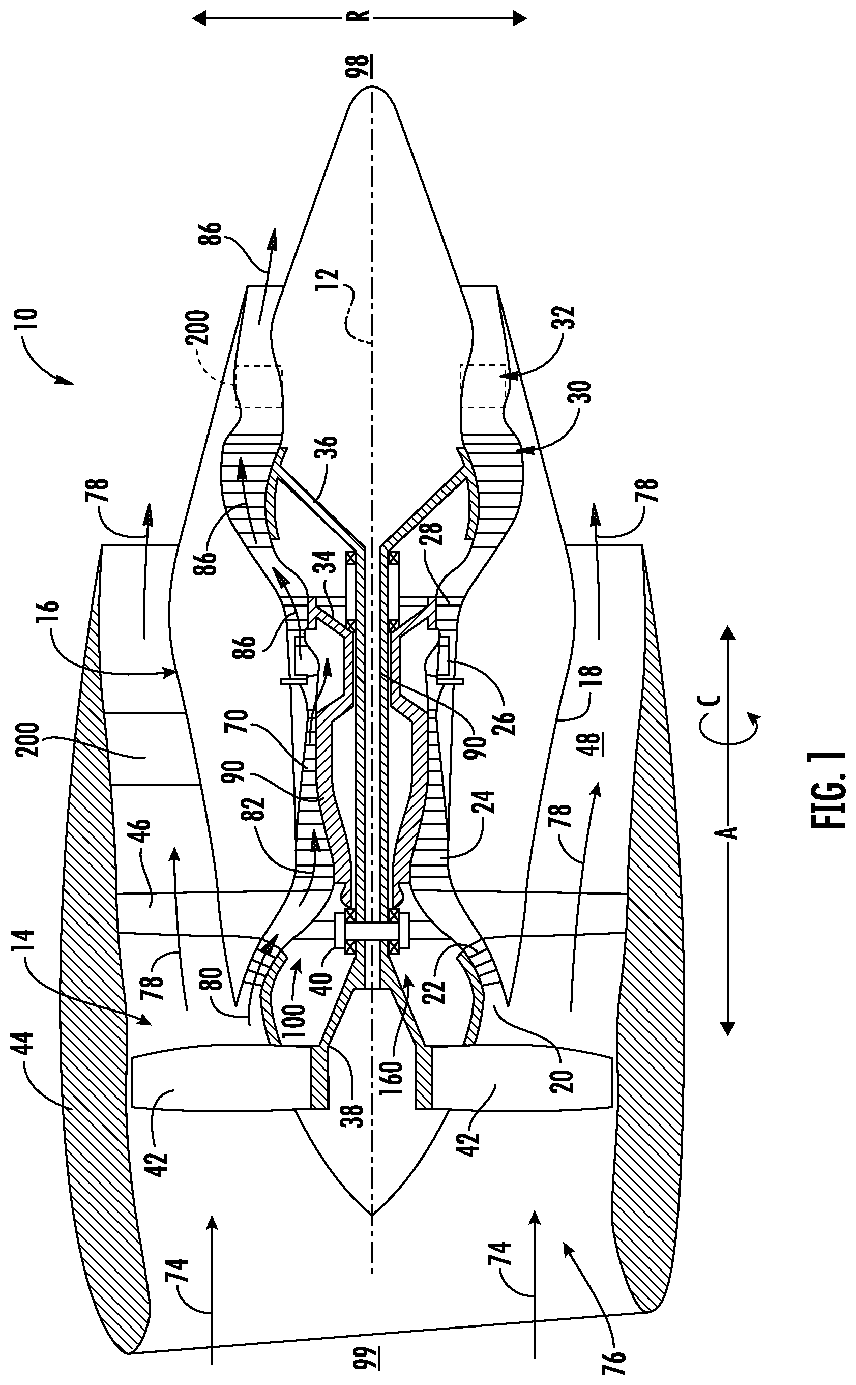 Patent US12378932 Figure 1 – Gas turbine engine having a heat exchanger located in an annular duct