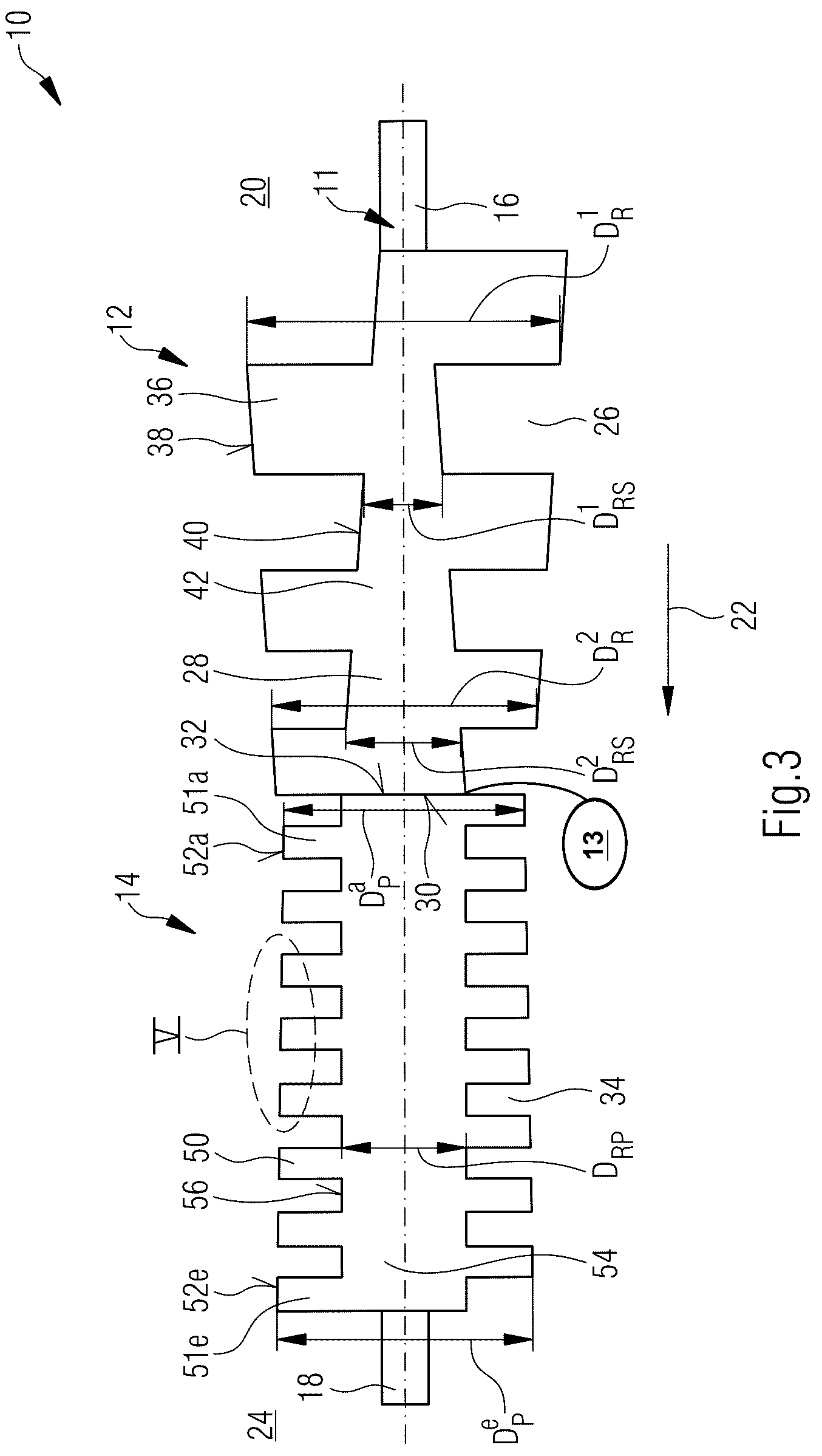 Patent US12378961 Figure 3 – Screw pump with a tapered suction-side section and a pressure-side section with a decreasing clearance