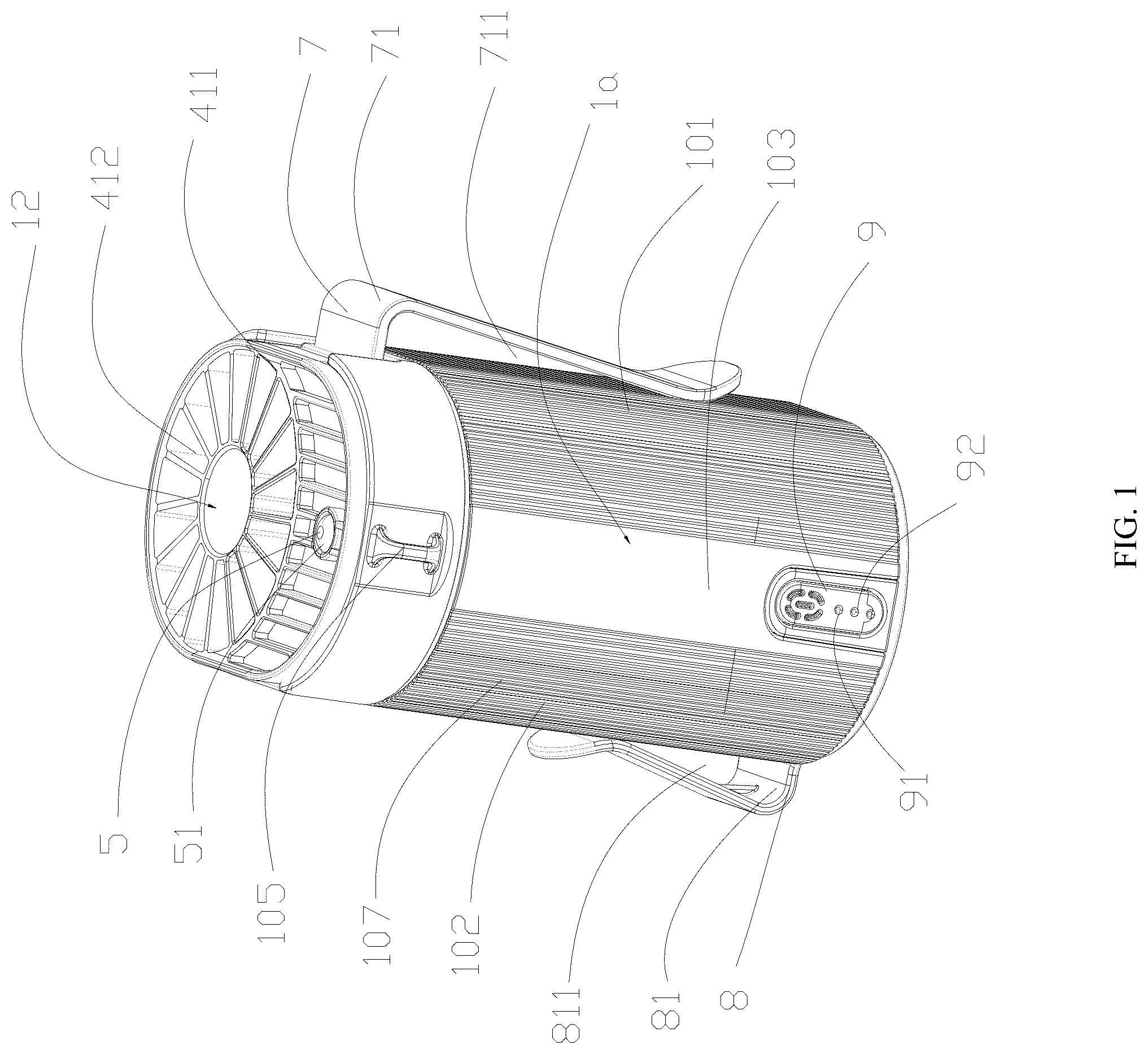 Patent US12378968 Figure 1 – Portable fan and fan assembly