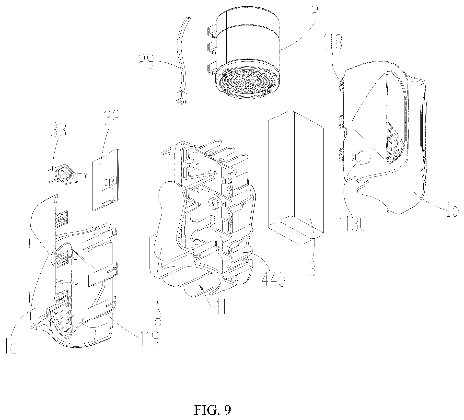 Patent US12378968 Figure 9 – Portable fan and fan assembly
