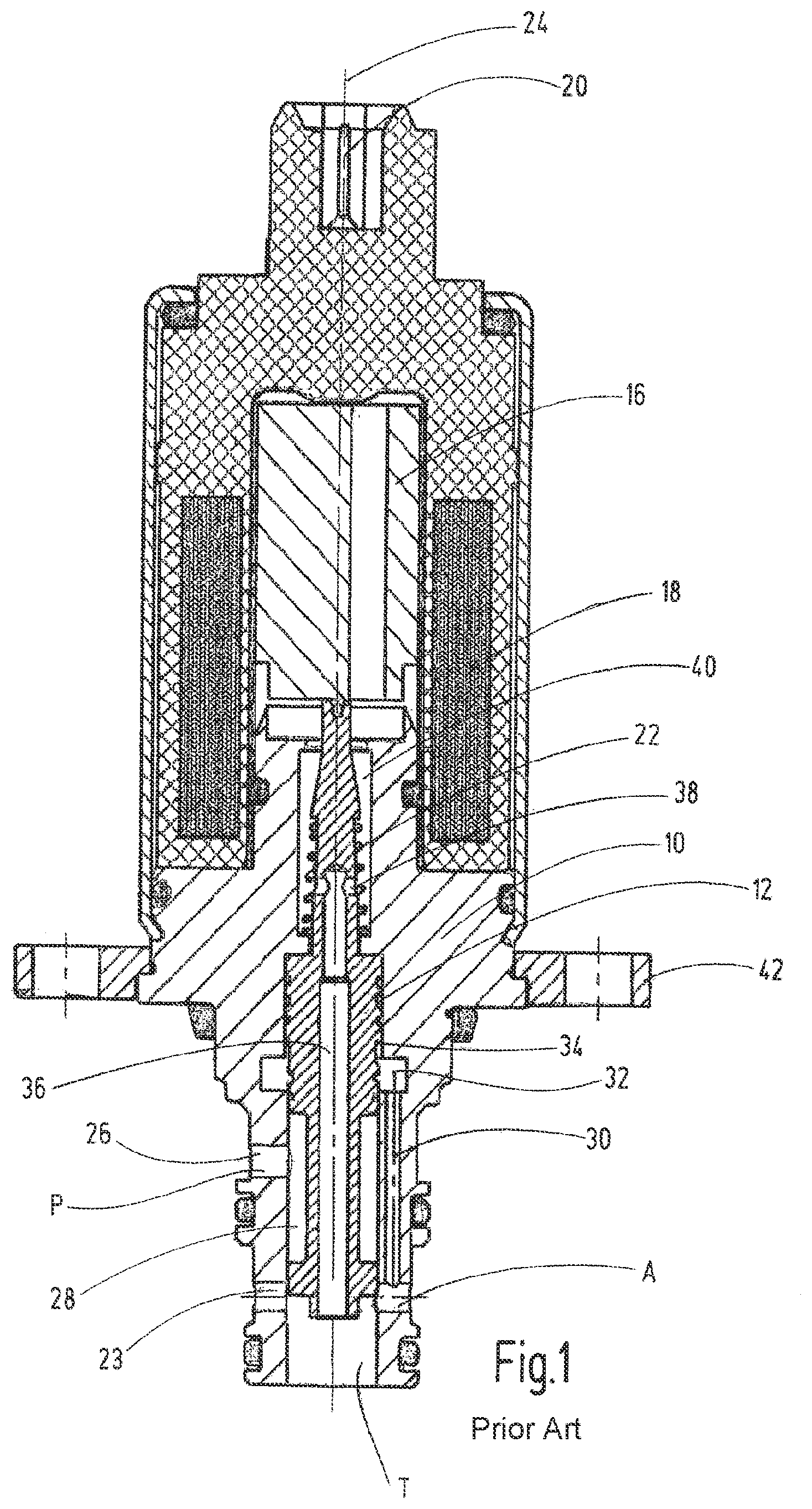 Patent US12378977 Figure 1 – Valve for providing a fluid-conducting connection between a pressure supply port and a consumer port or between the consumer port and a return port