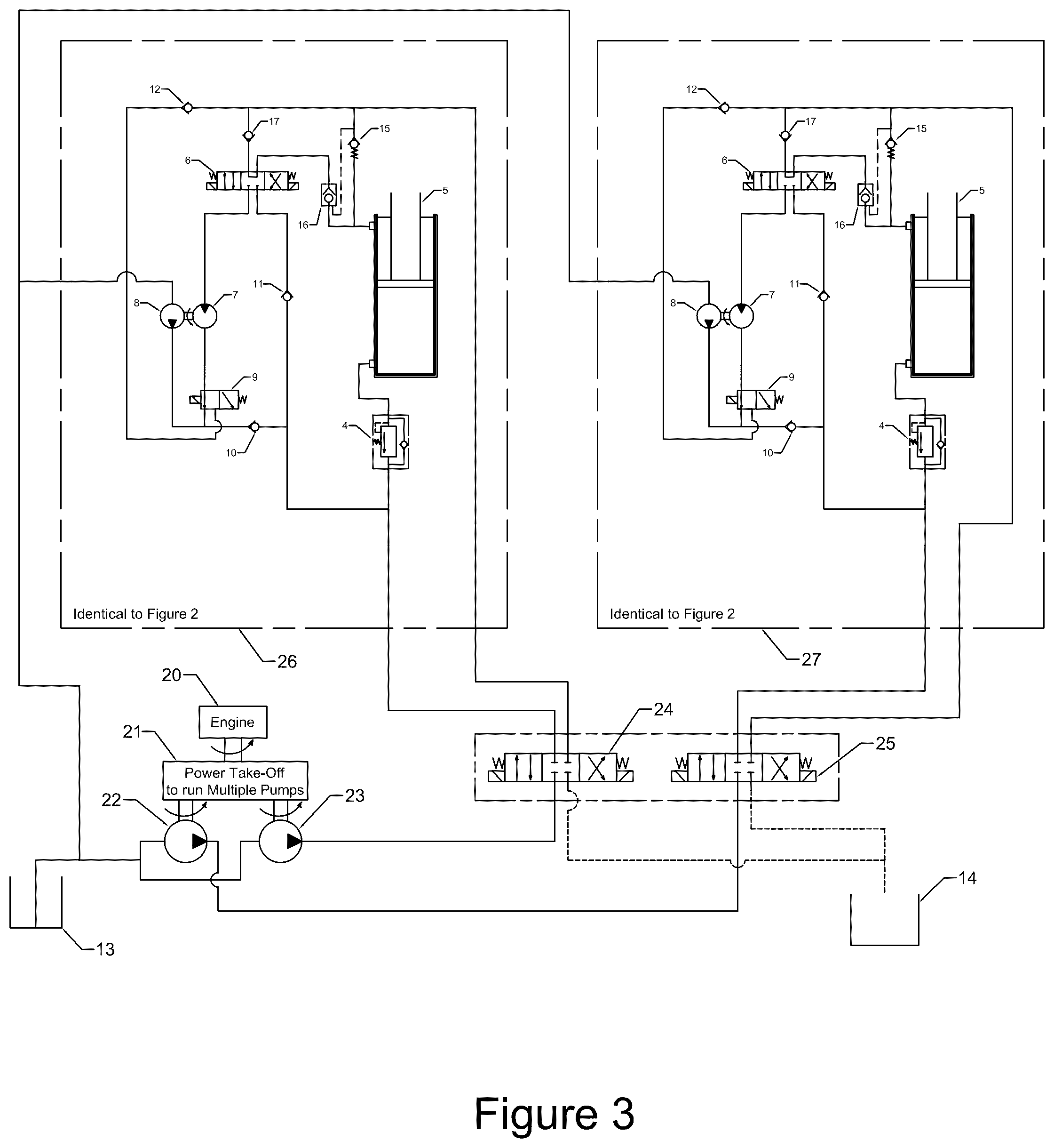 Patent US12378981 Figure 3 – Hydraulic regeneration circuit with multiple speeds