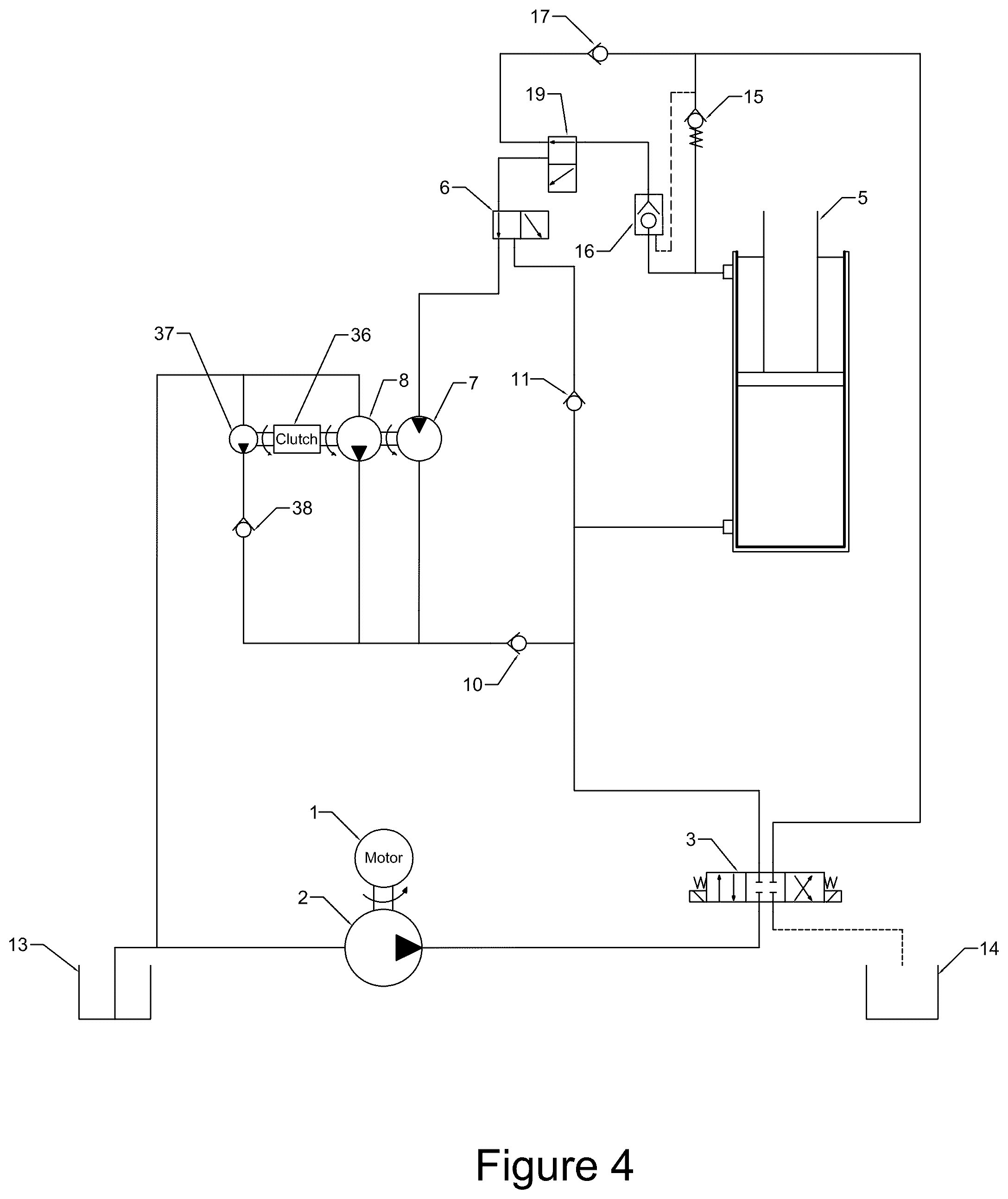 Patent US12378981 Figure 4 – Hydraulic regeneration circuit with multiple speeds