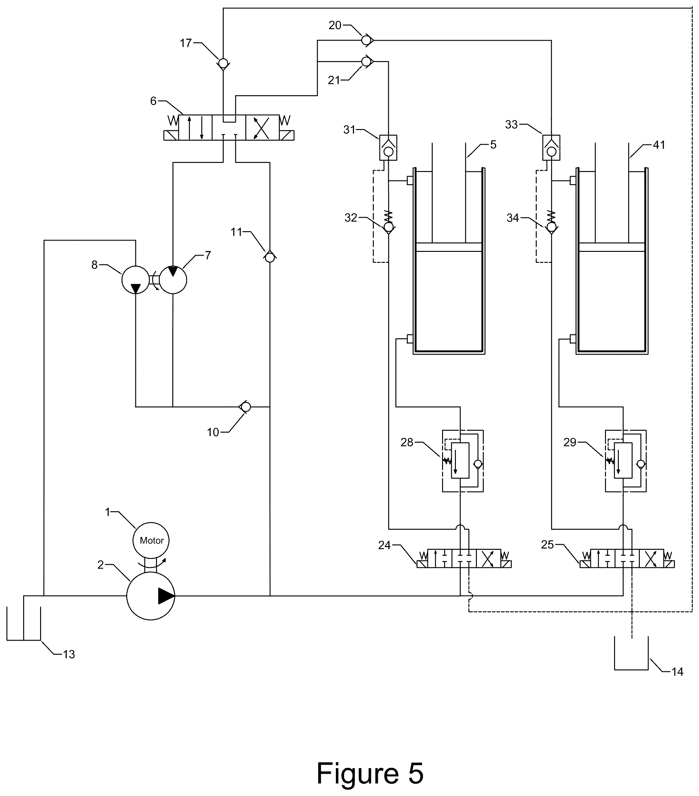 Patent US12378981 Figure 5 – Hydraulic regeneration circuit with multiple speeds