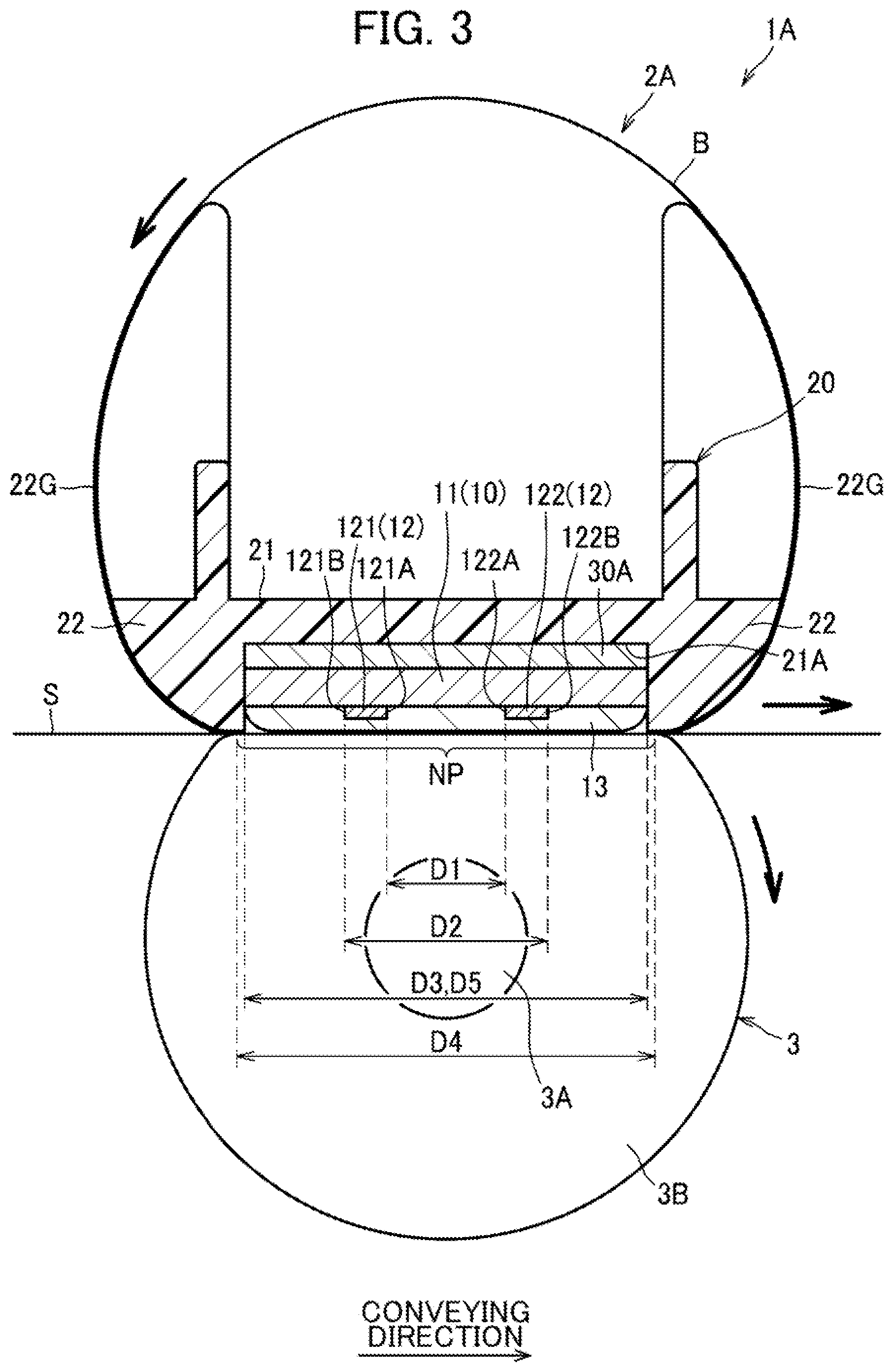Patent US12386297 Figure 3 – Fixing device including heater in which first and second resistance heating elements are positioned apart from each other on first surface of substrate by predetermined distance in conveying direction