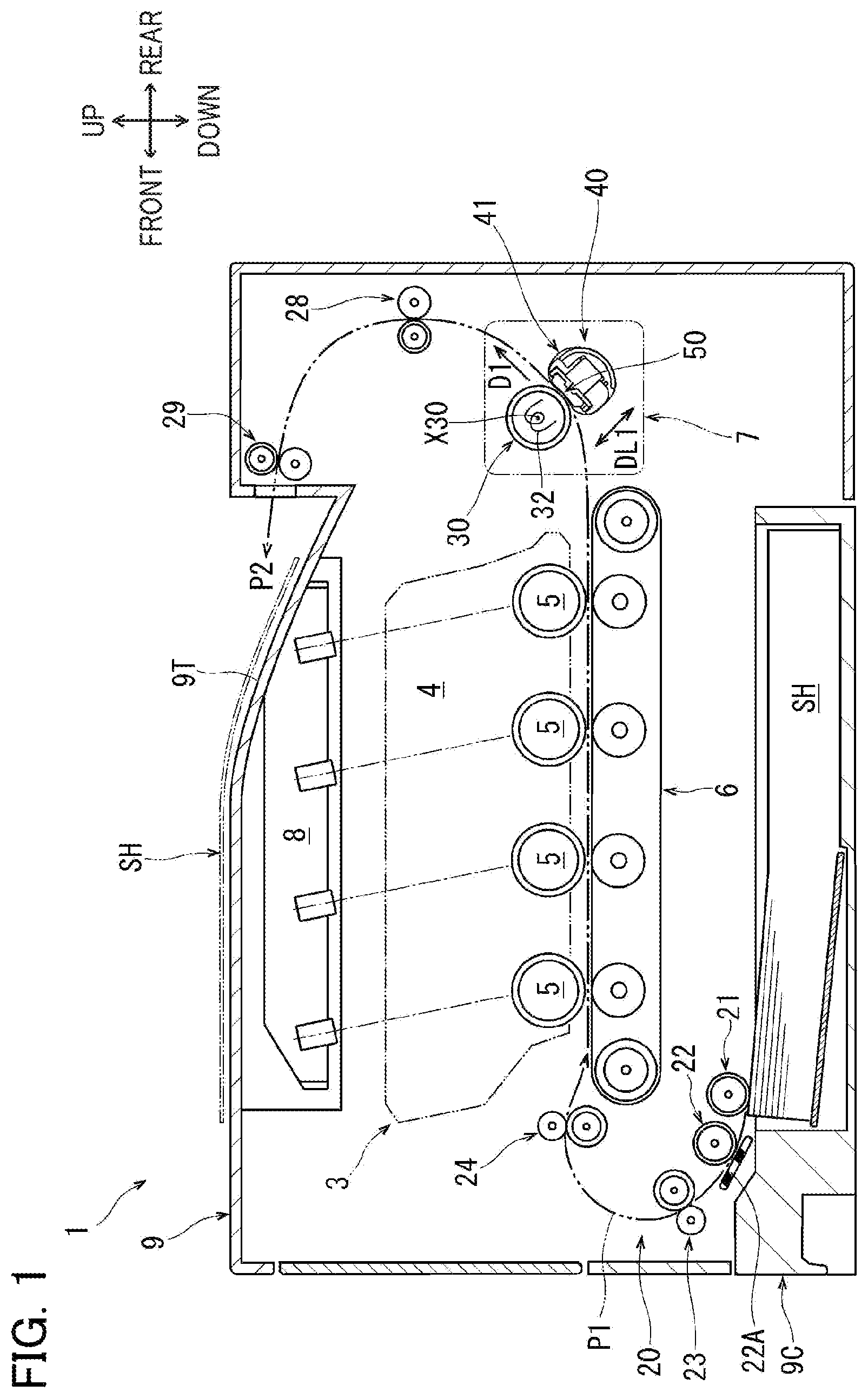 Patent US12386298 Figure 1 – Fixing device including elastic plate for nipping endless belt in cooperation with heating roller, and holder having supporting surfaces for supporting elastic plate