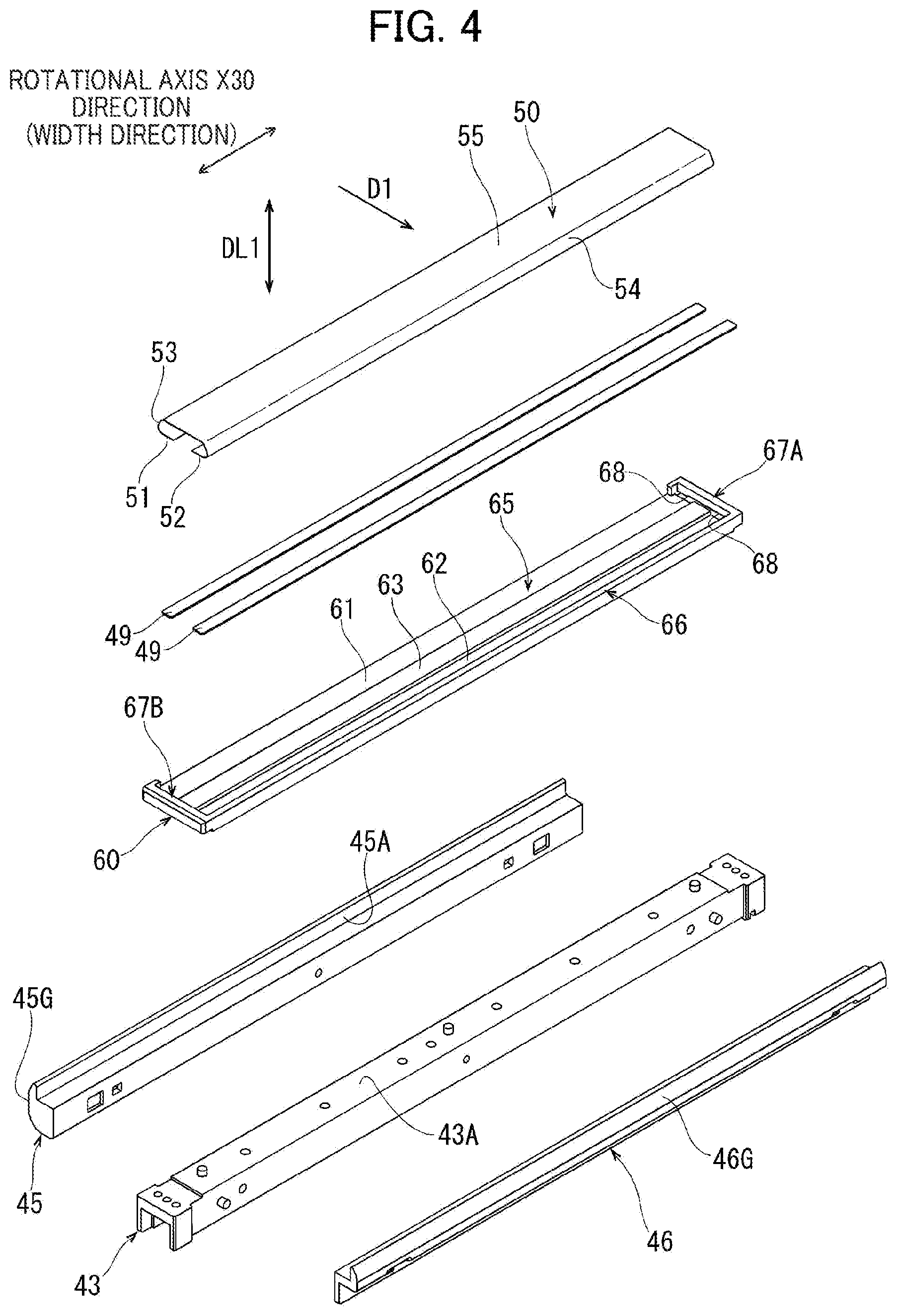 Patent US12386298 Figure 4 – Fixing device including elastic plate for nipping endless belt in cooperation with heating roller, and holder having supporting surfaces for supporting elastic plate