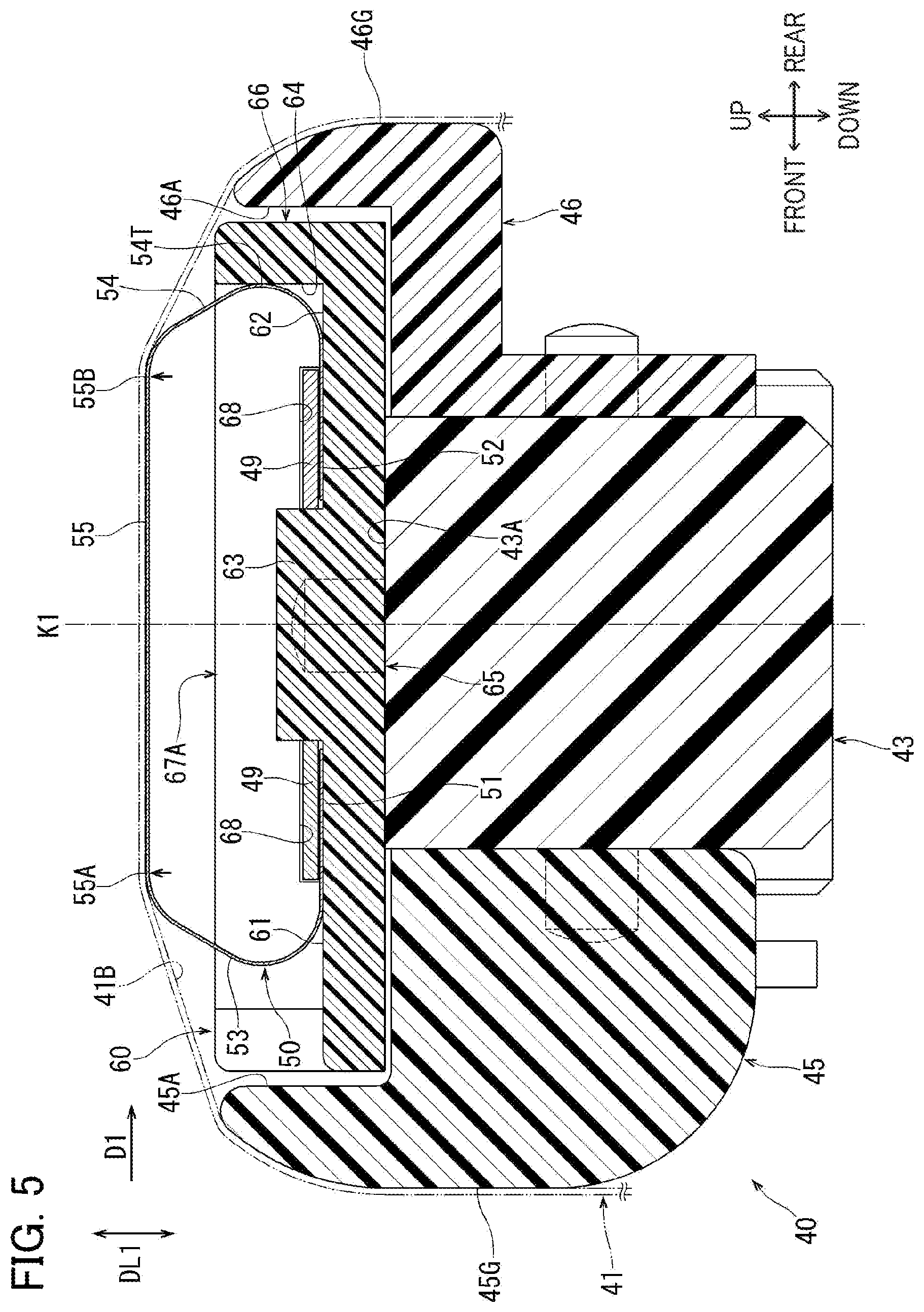 Patent US12386298 Figure 5 – Fixing device including elastic plate for nipping endless belt in cooperation with heating roller, and holder having supporting surfaces for supporting elastic plate