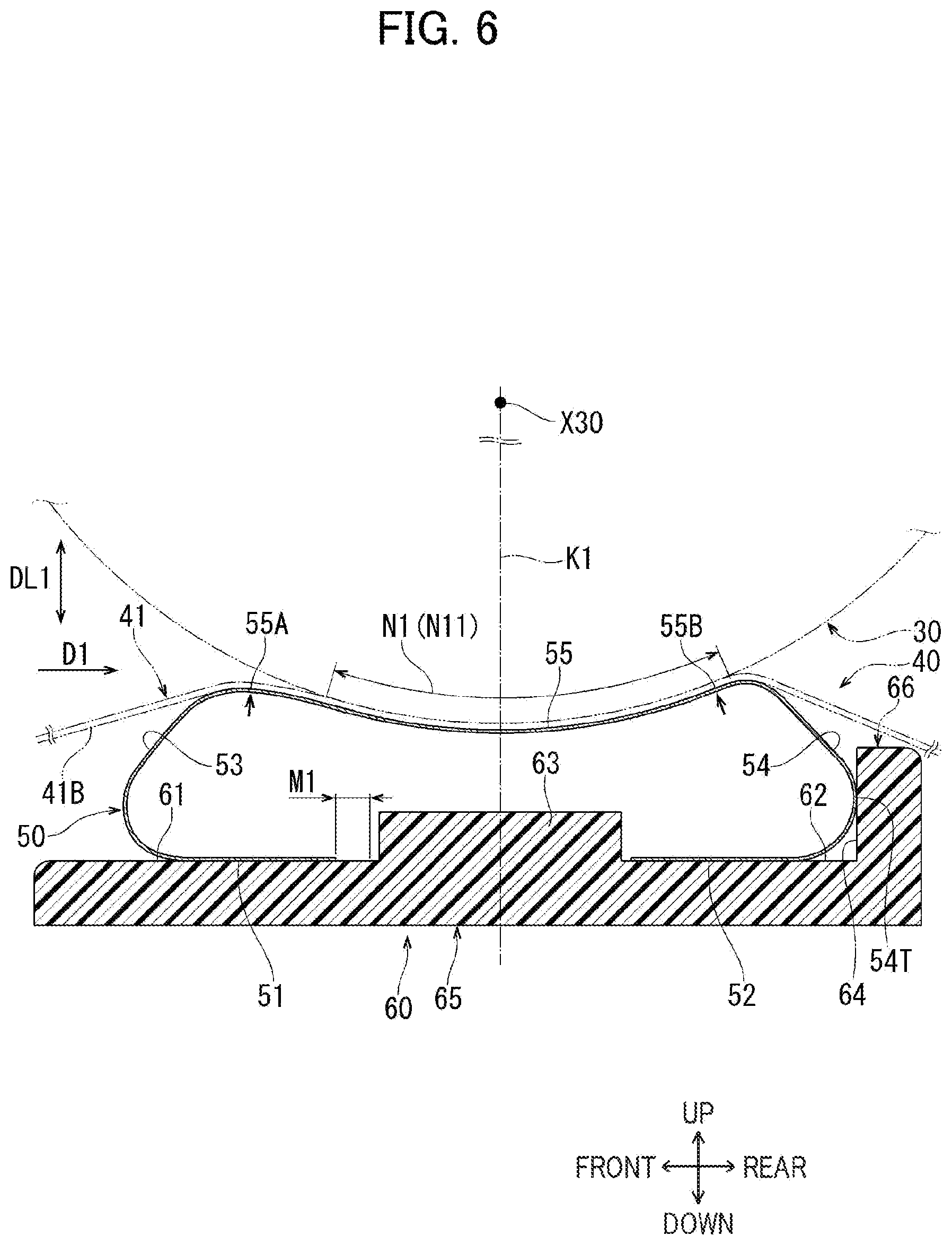 Patent US12386298 Figure 6 – Fixing device including elastic plate for nipping endless belt in cooperation with heating roller, and holder having supporting surfaces for supporting elastic plate