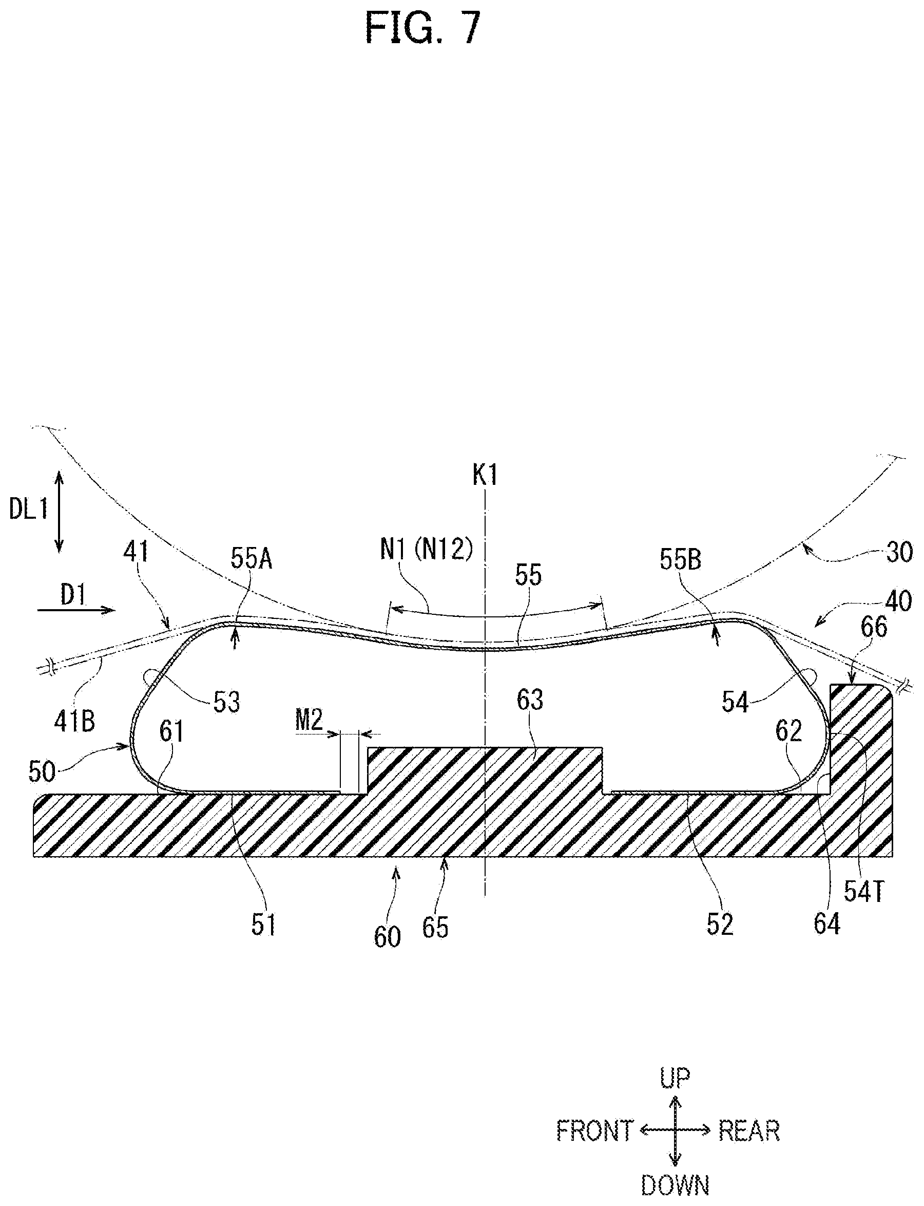 Patent US12386298 Figure 7 – Fixing device including elastic plate for nipping endless belt in cooperation with heating roller, and holder having supporting surfaces for supporting elastic plate