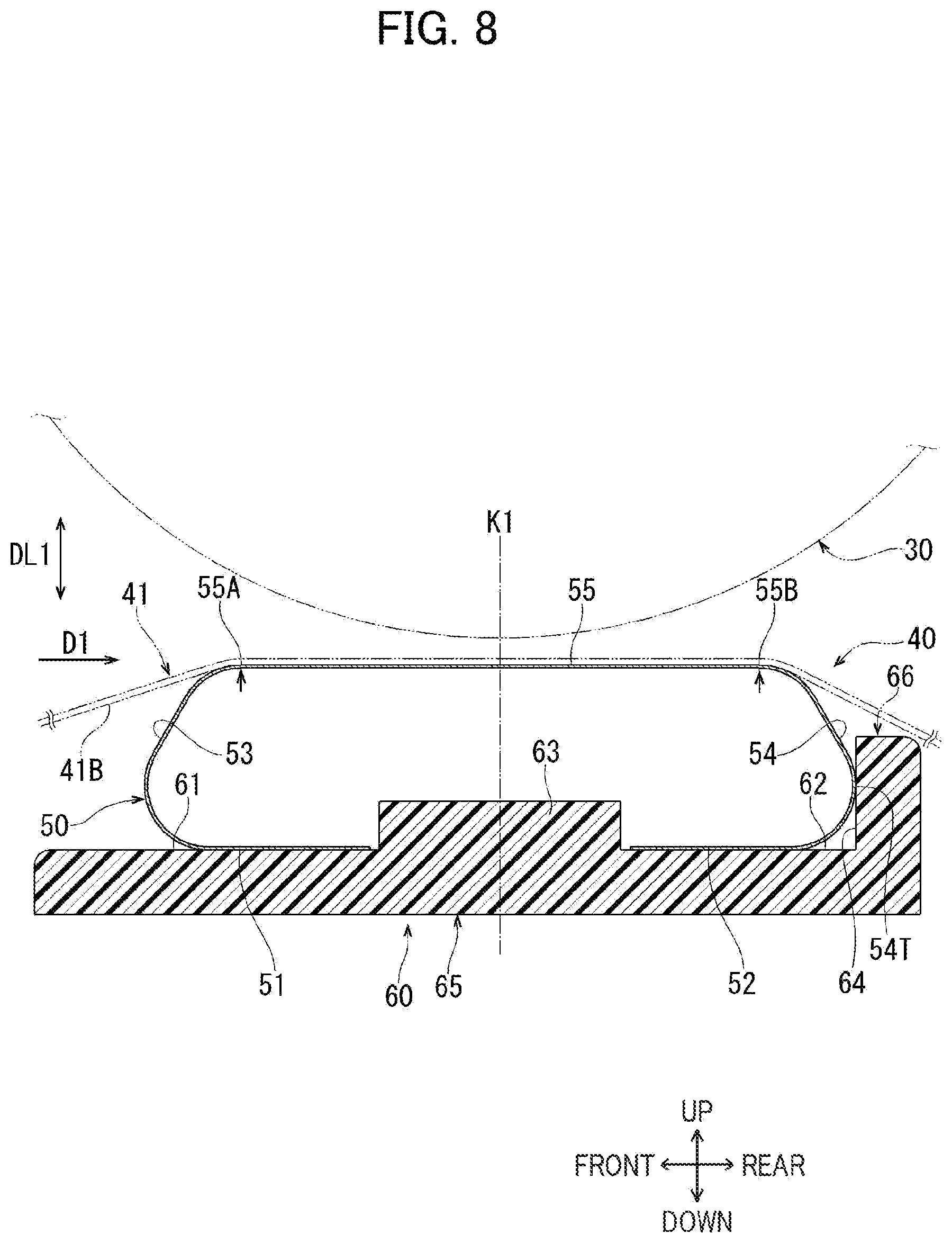 Patent US12386298 Figure 8 – Fixing device including elastic plate for nipping endless belt in cooperation with heating roller, and holder having supporting surfaces for supporting elastic plate