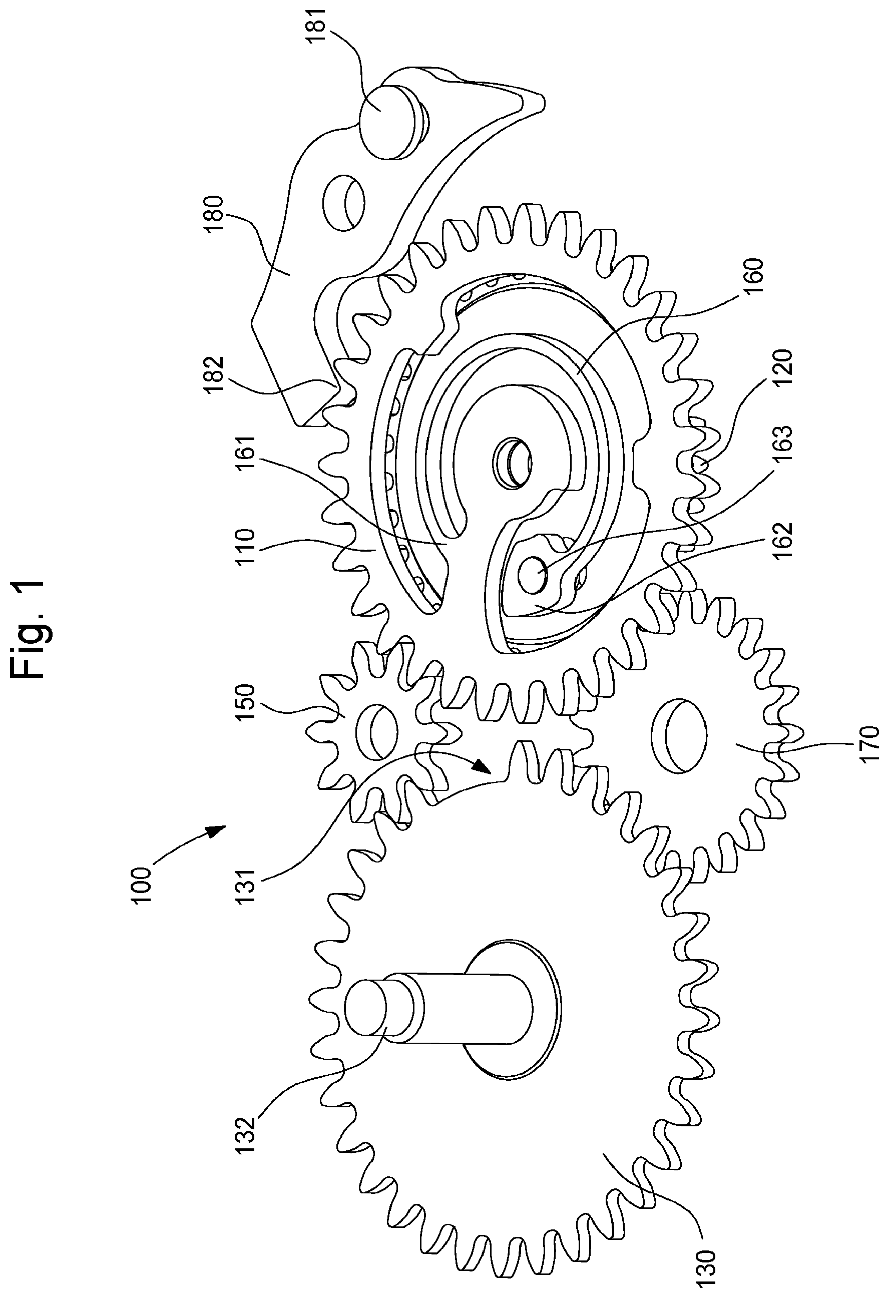 Patent US12386313 — Anterograde display mechanism for timepiece — Figure 1