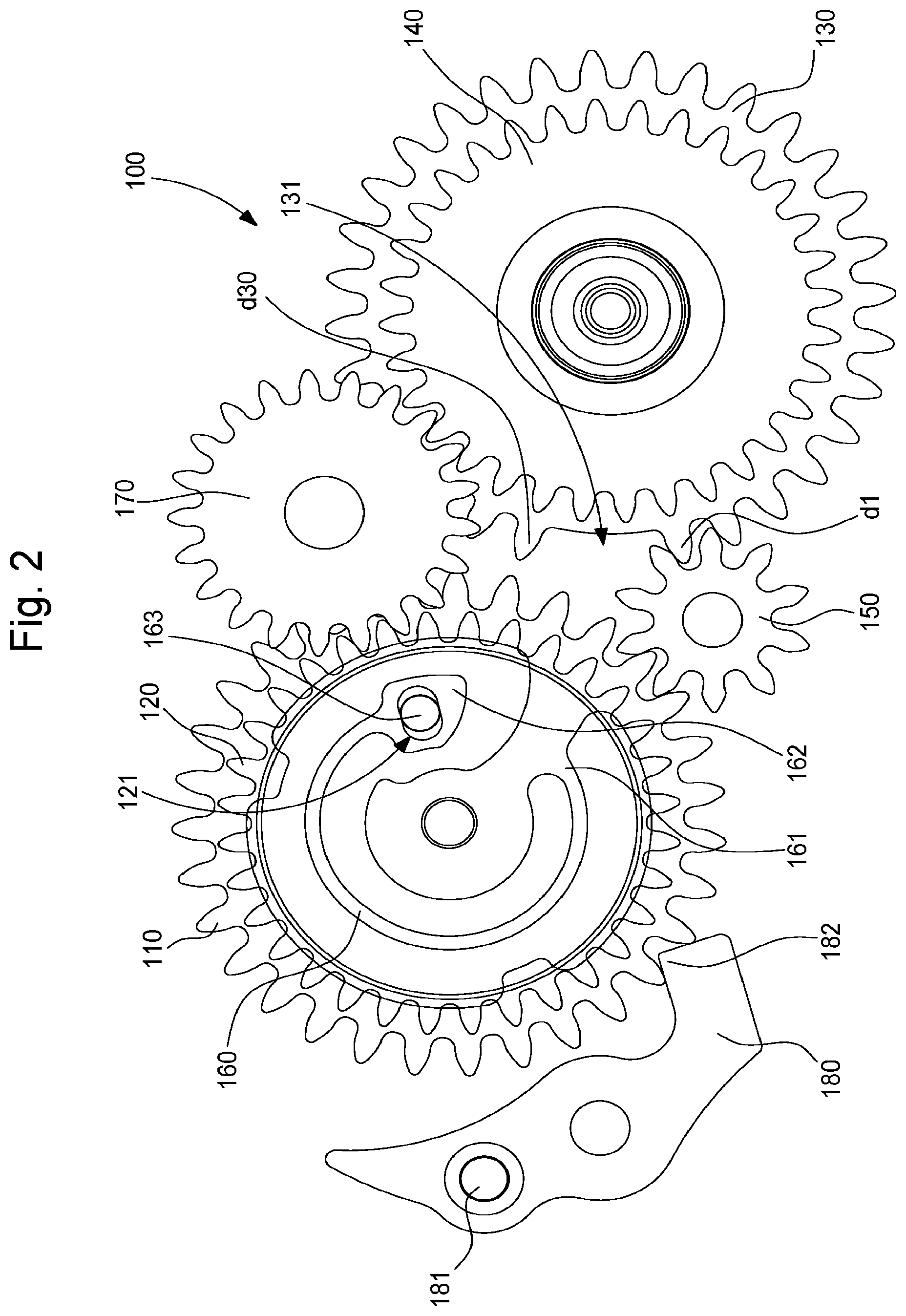 Patent US12386313 Figure 2 – Anterograde display mechanism for timepiece