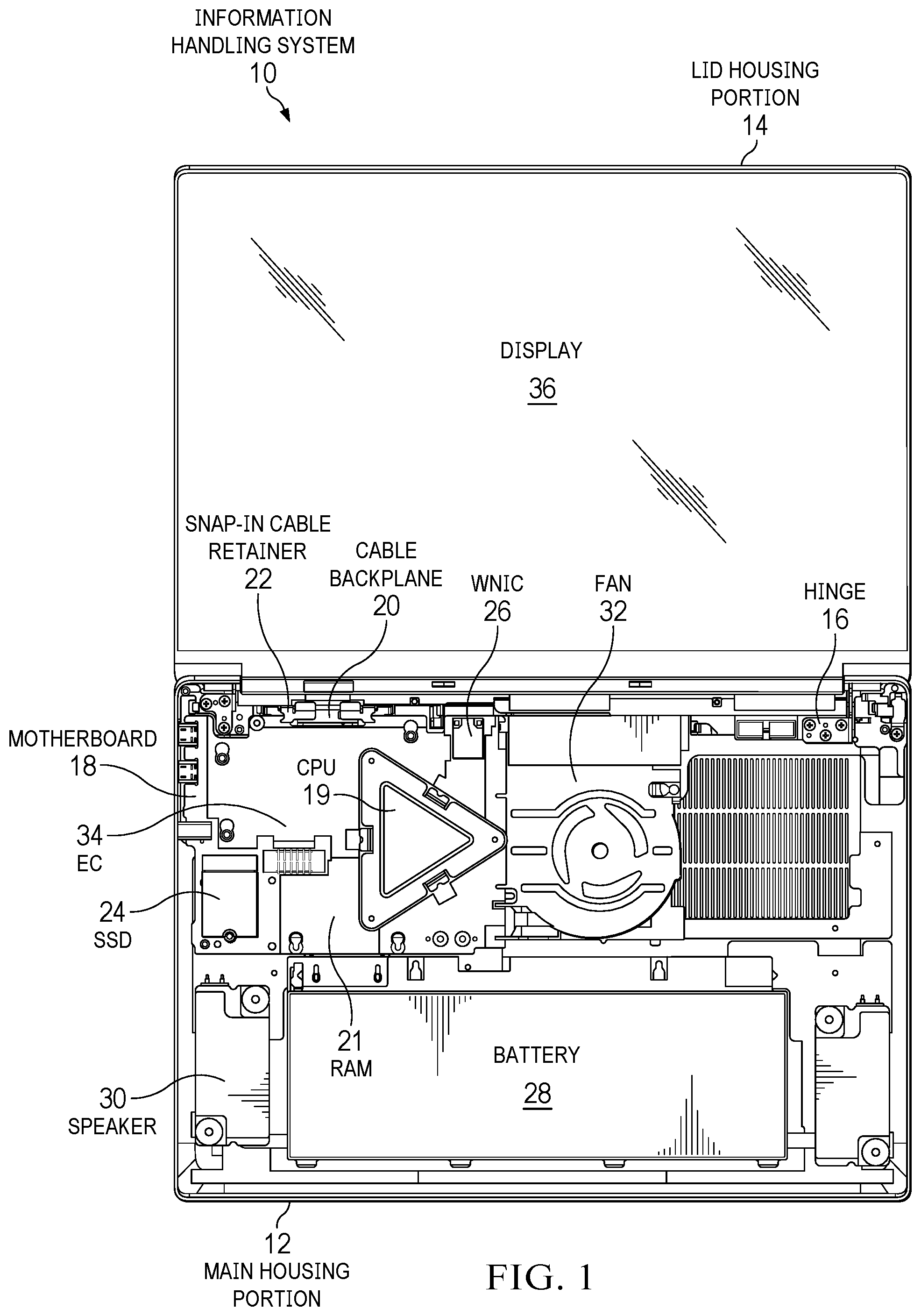 Patent US12386400 Figure 1 – Information handling system cable backplane with snap in cable retention