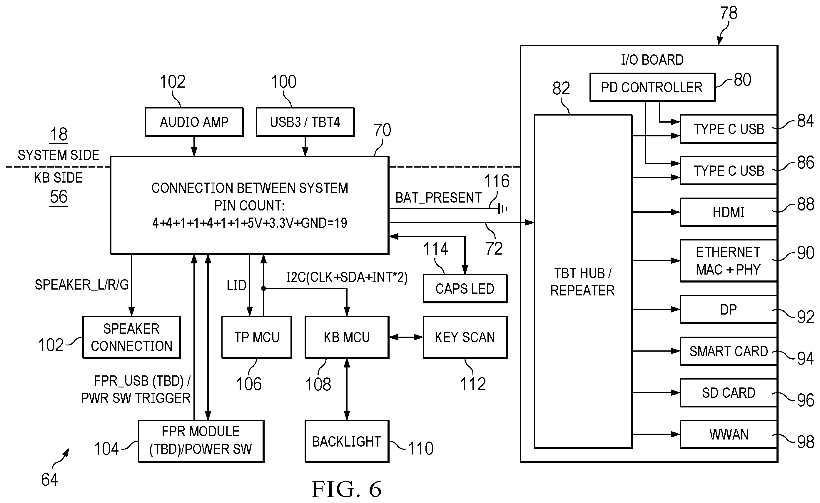 Patent US12386400 Figure 6 – Information handling system cable backplane with snap in cable retention