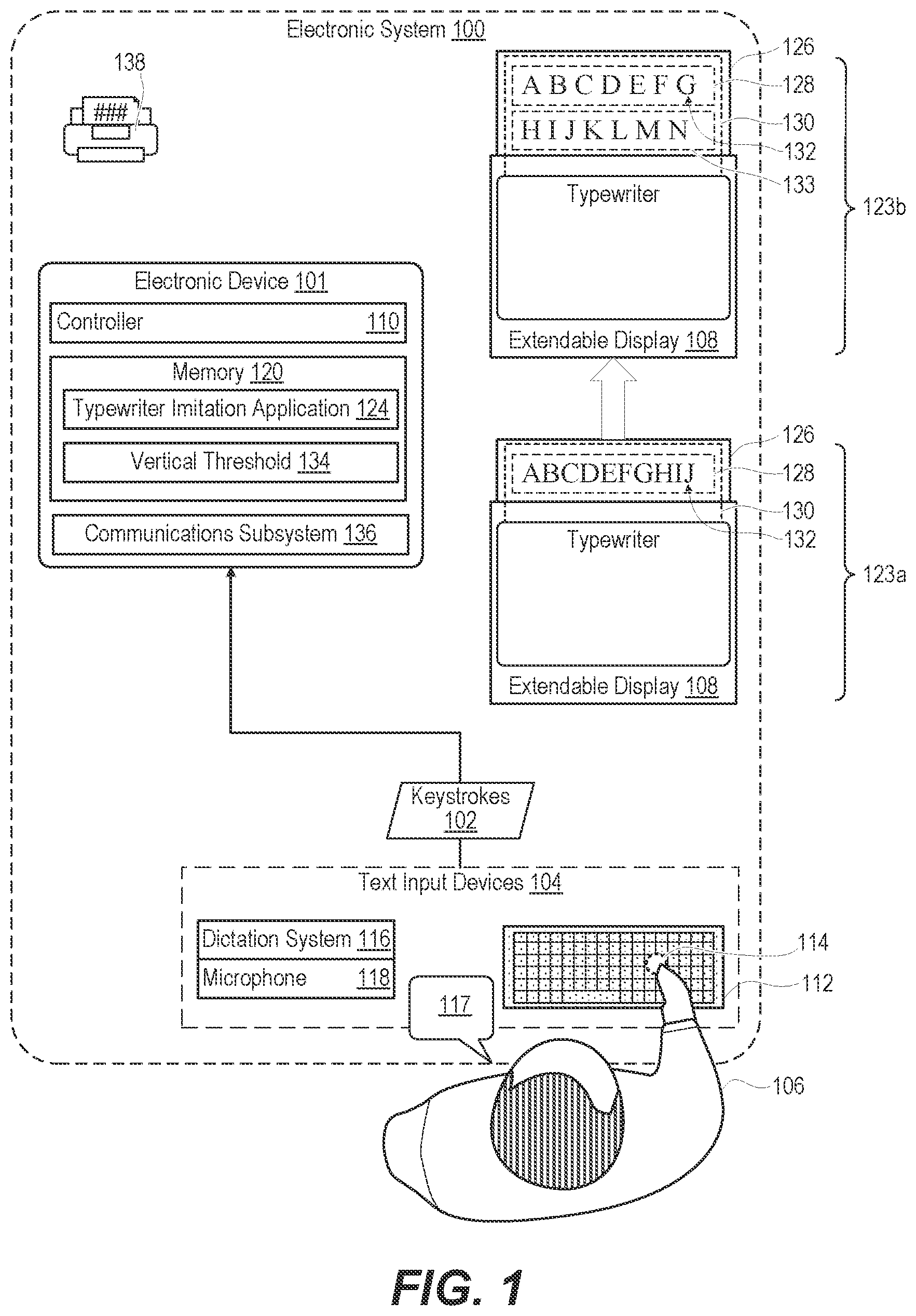 Patent US12386432 Figure 1 – Electronic system with a rollable display and a keyboard that are utilized to imitate a typewriter