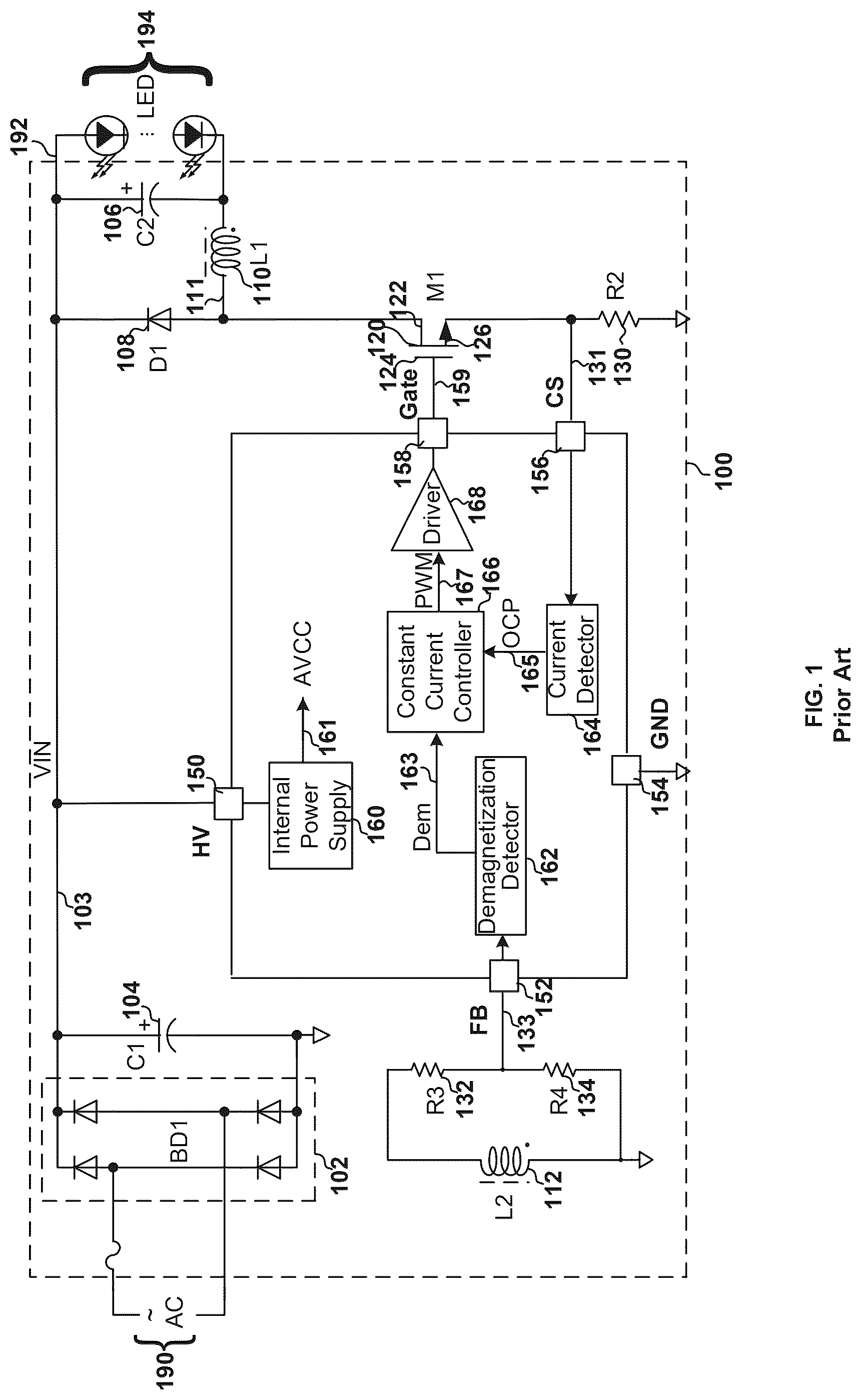 Patent US12395061 — Controllers configured to detect demagnetization with external bipolar transistors and internal MOS transistors and methods thereof — Figure 1