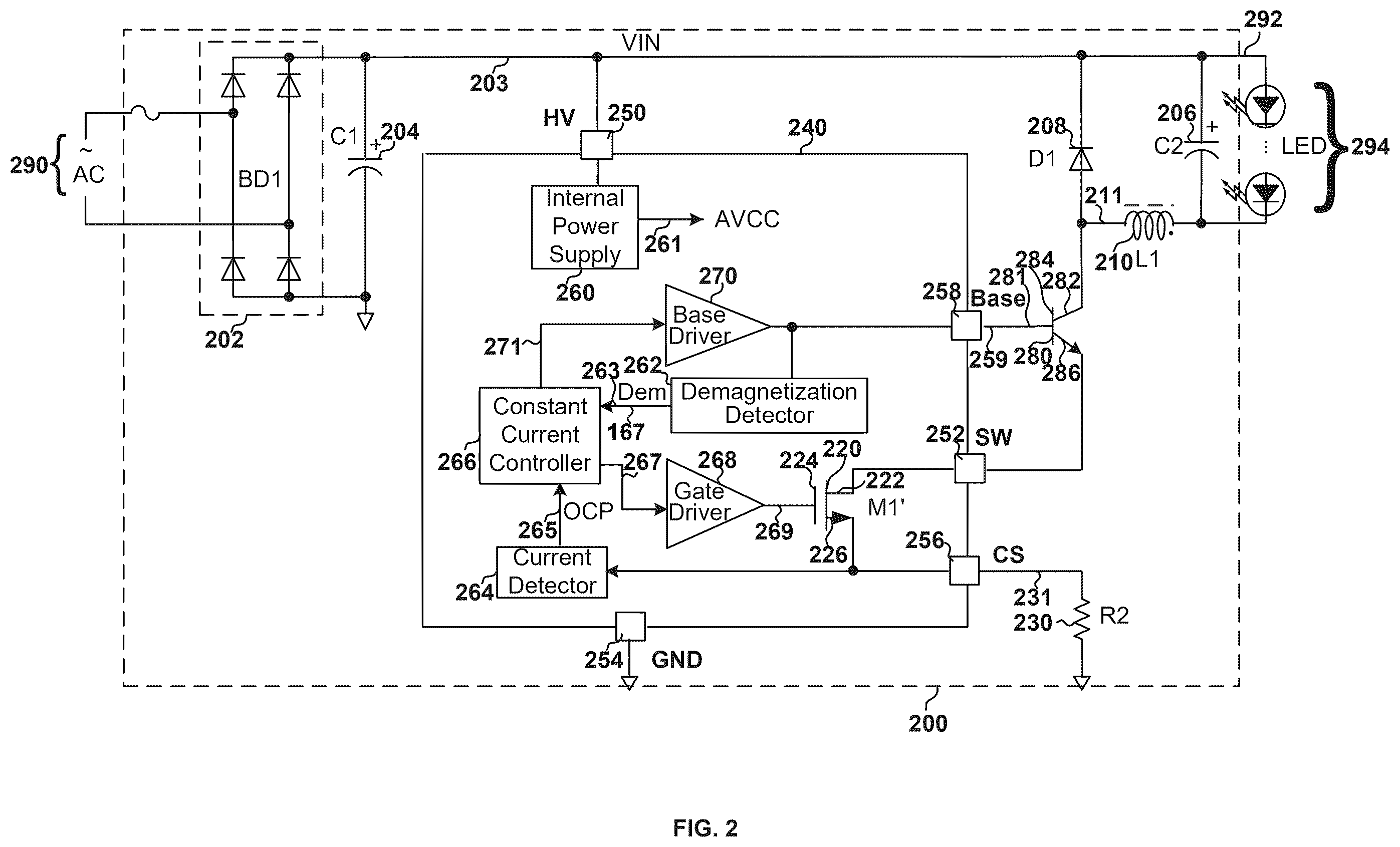 Patent US12395061 Figure 2 – Controllers configured to detect demagnetization with external bipolar transistors and internal MOS transistors and methods thereof