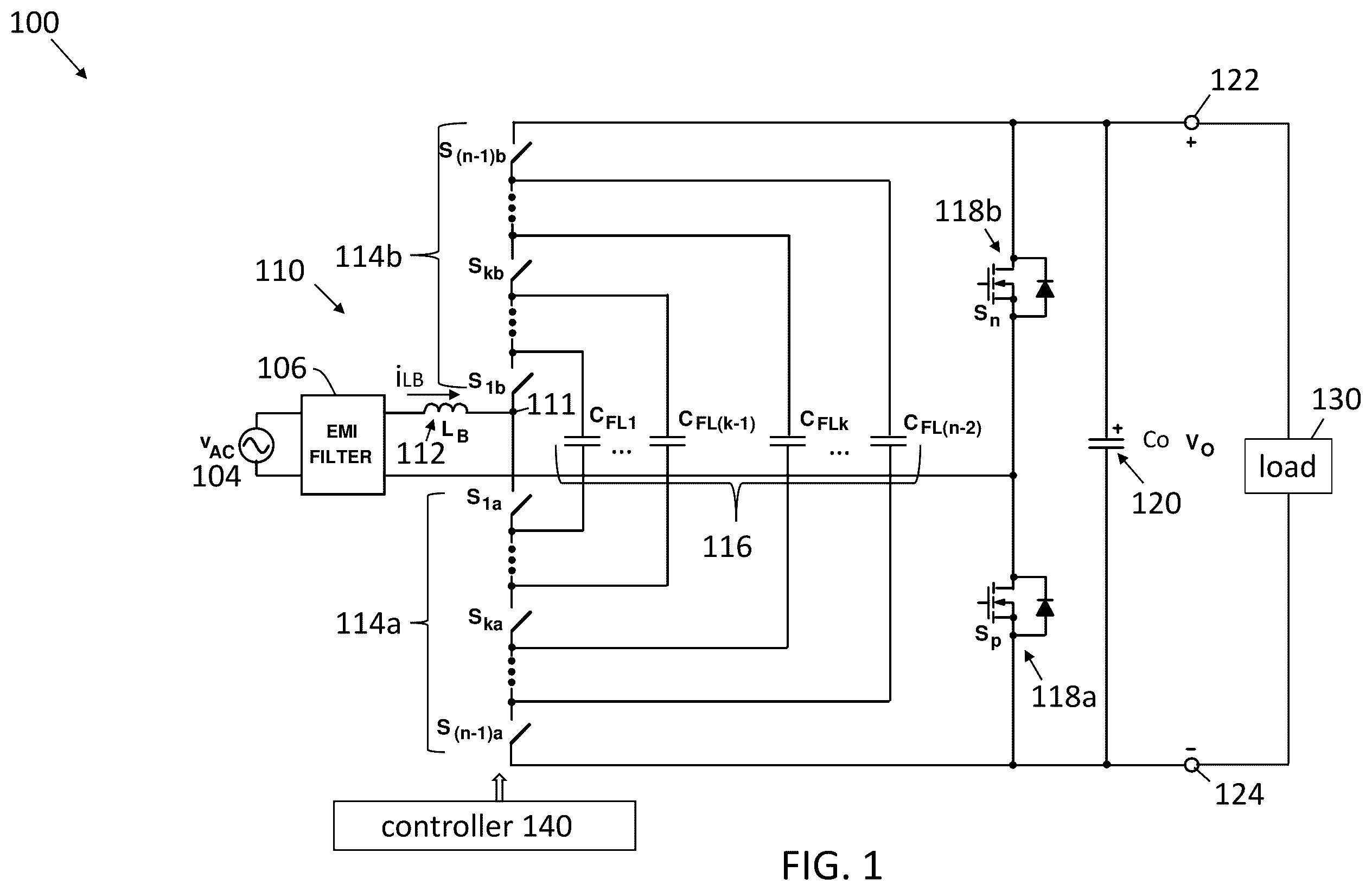 Patent US12395072 Figure 1 – Flying capacitor multi-level power factor correction converter of power supply with active balancing of voltage of flying capacitors