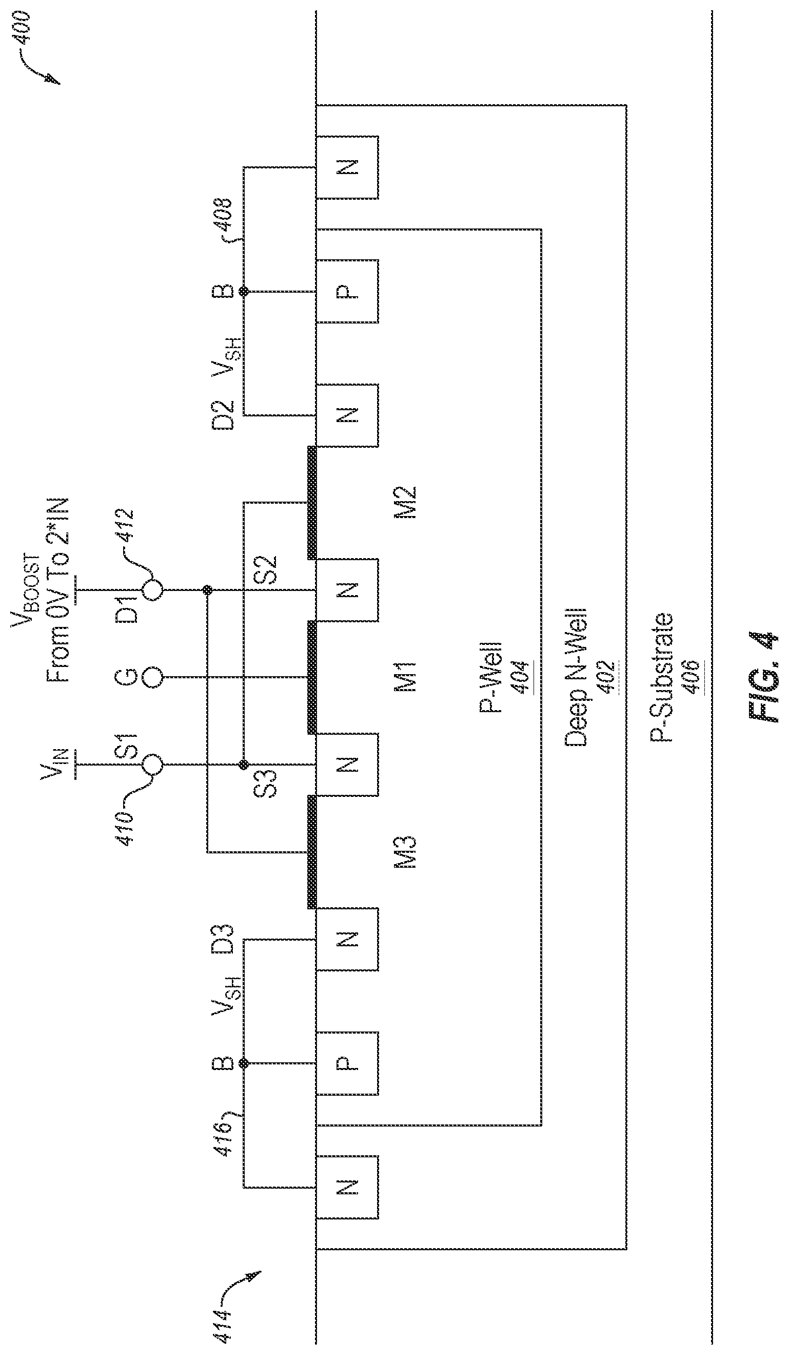 Patent US12395076 Figure 4 – Charge pump cell with improved latch-up immunity and charge pumps including the same, and related systems, methods and devices