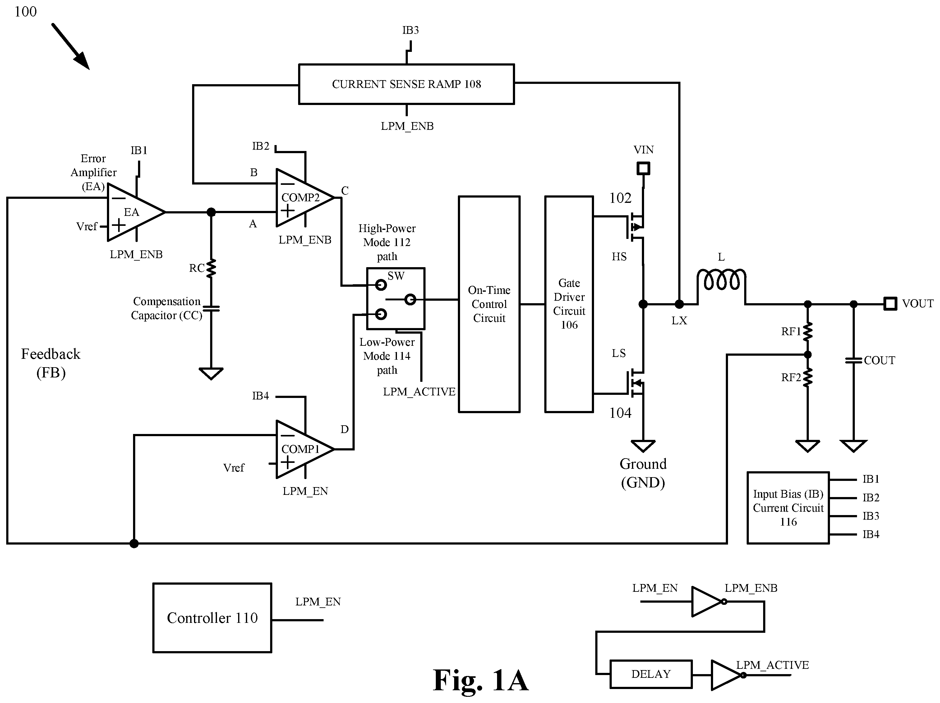 Patent US12395082 Figure 1 – Switching regulator with quick start circuit configured to charge and discharge a capacitor to control a power mode