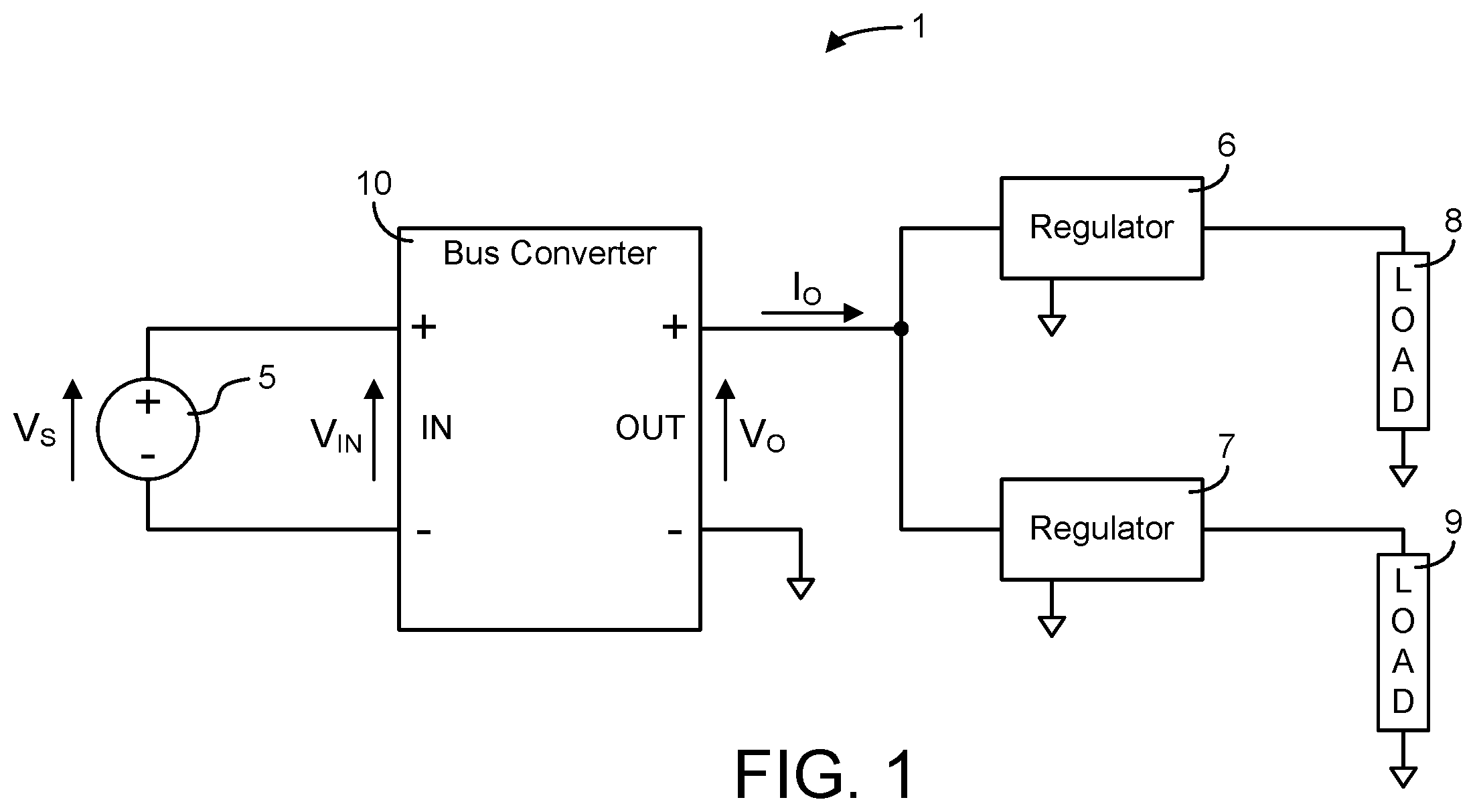 Patent US12395087 Figure 1 – Power distribution architecture with series-connected bus converter