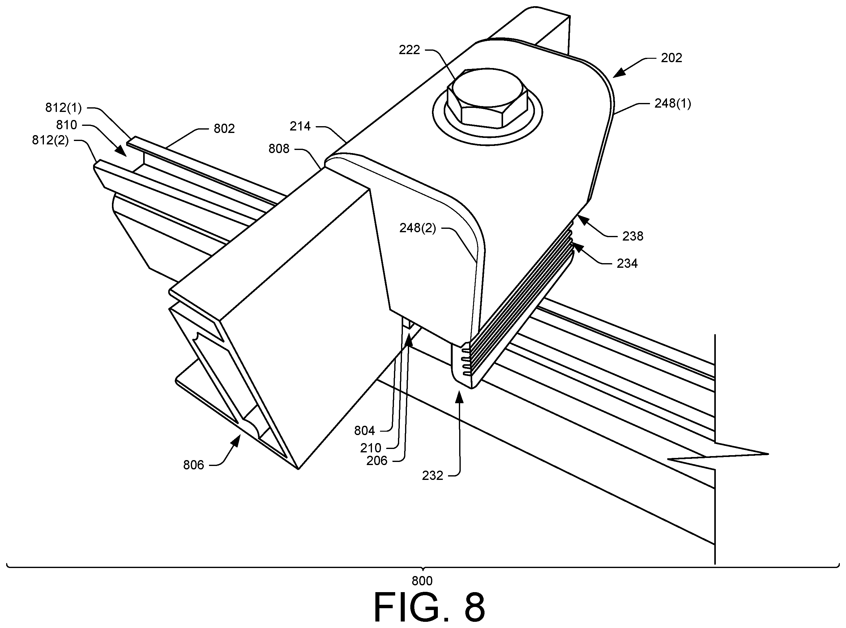 Patent US12395119 Figure 8 – Clamp apparatuses and components thereof for mounting solar panel modules