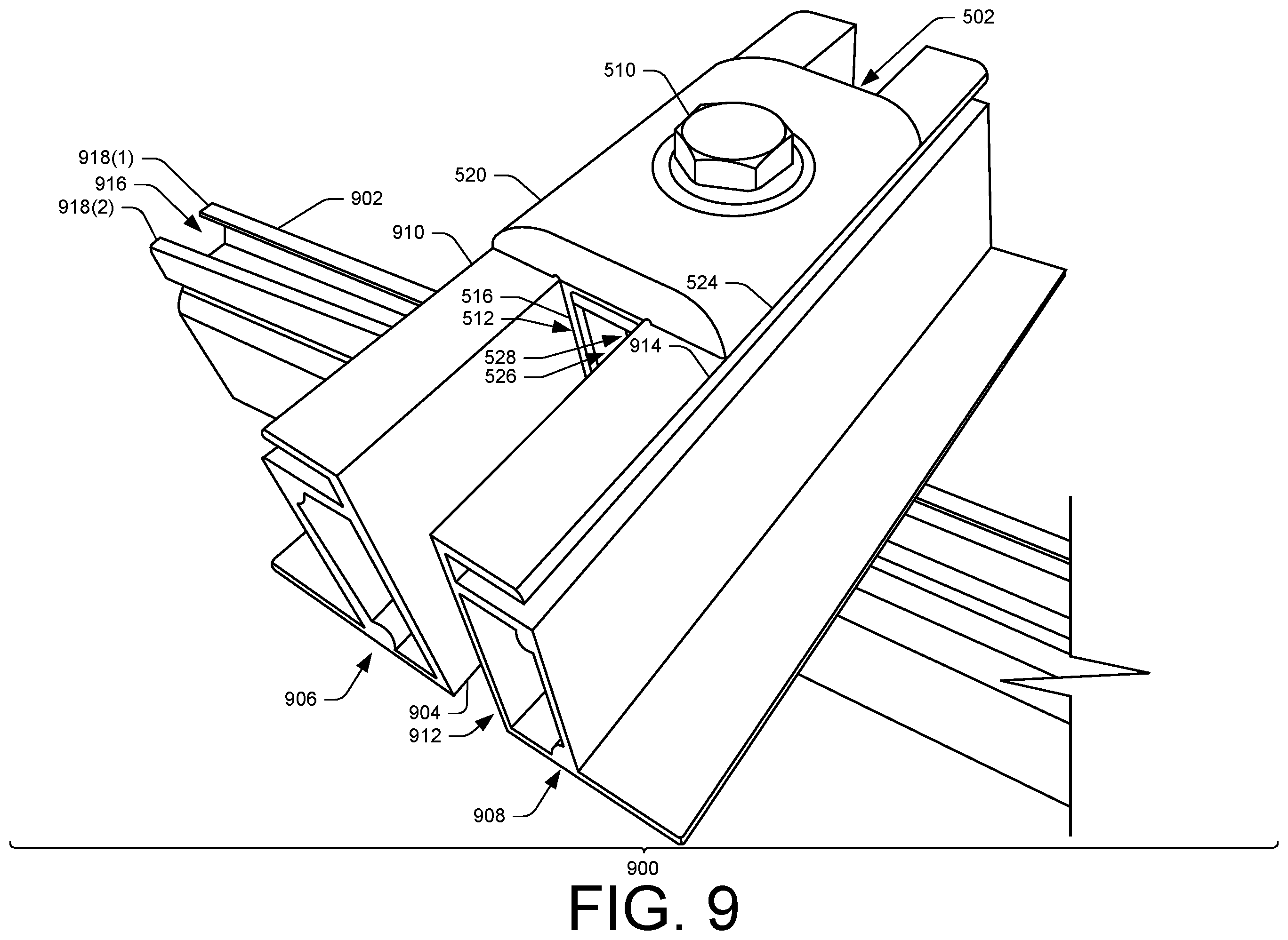 Patent US12395119 Figure 9 – Clamp apparatuses and components thereof for mounting solar panel modules
