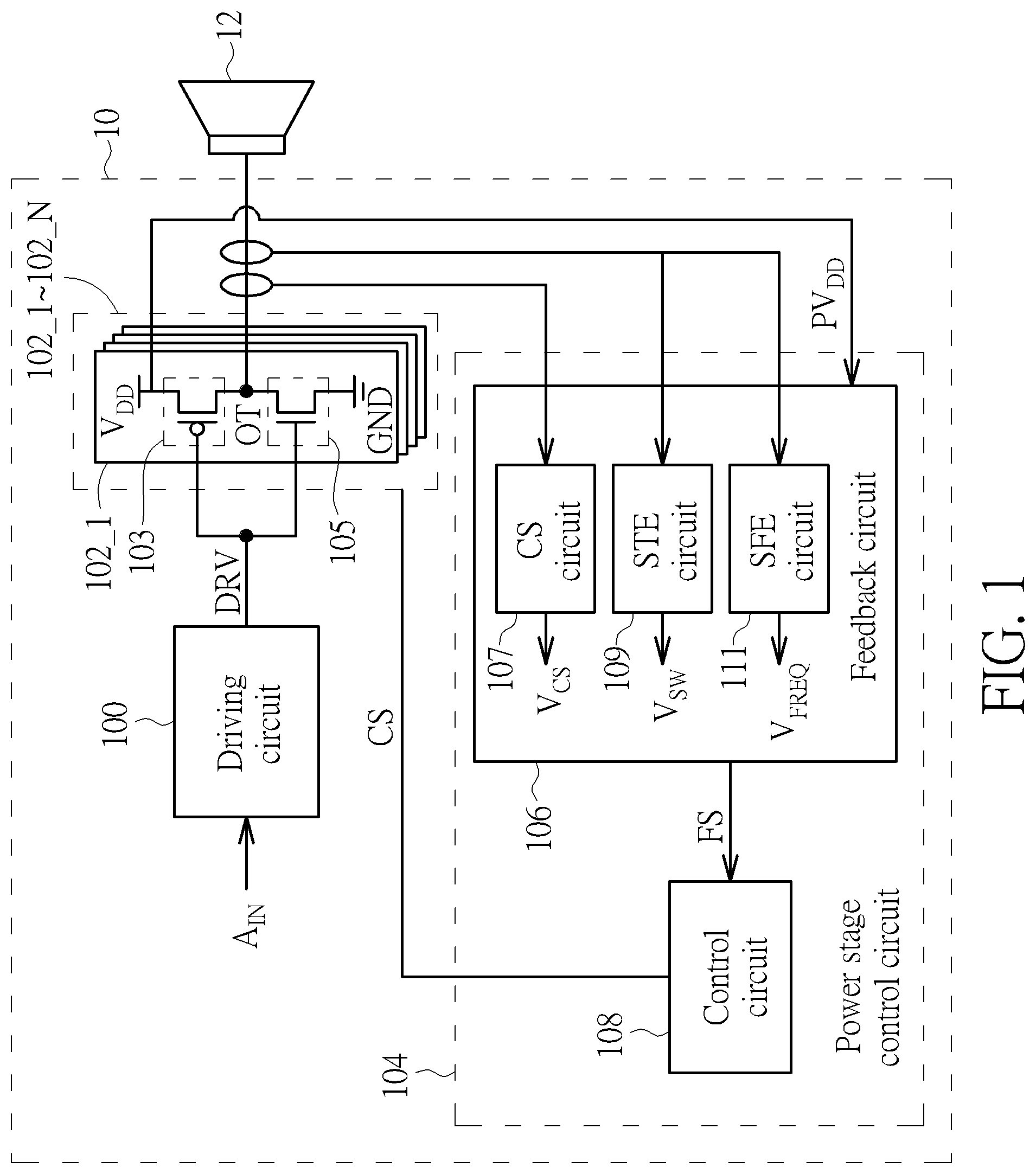 Patent US12395127 Figure 1 – Audio amplifier with feedback control