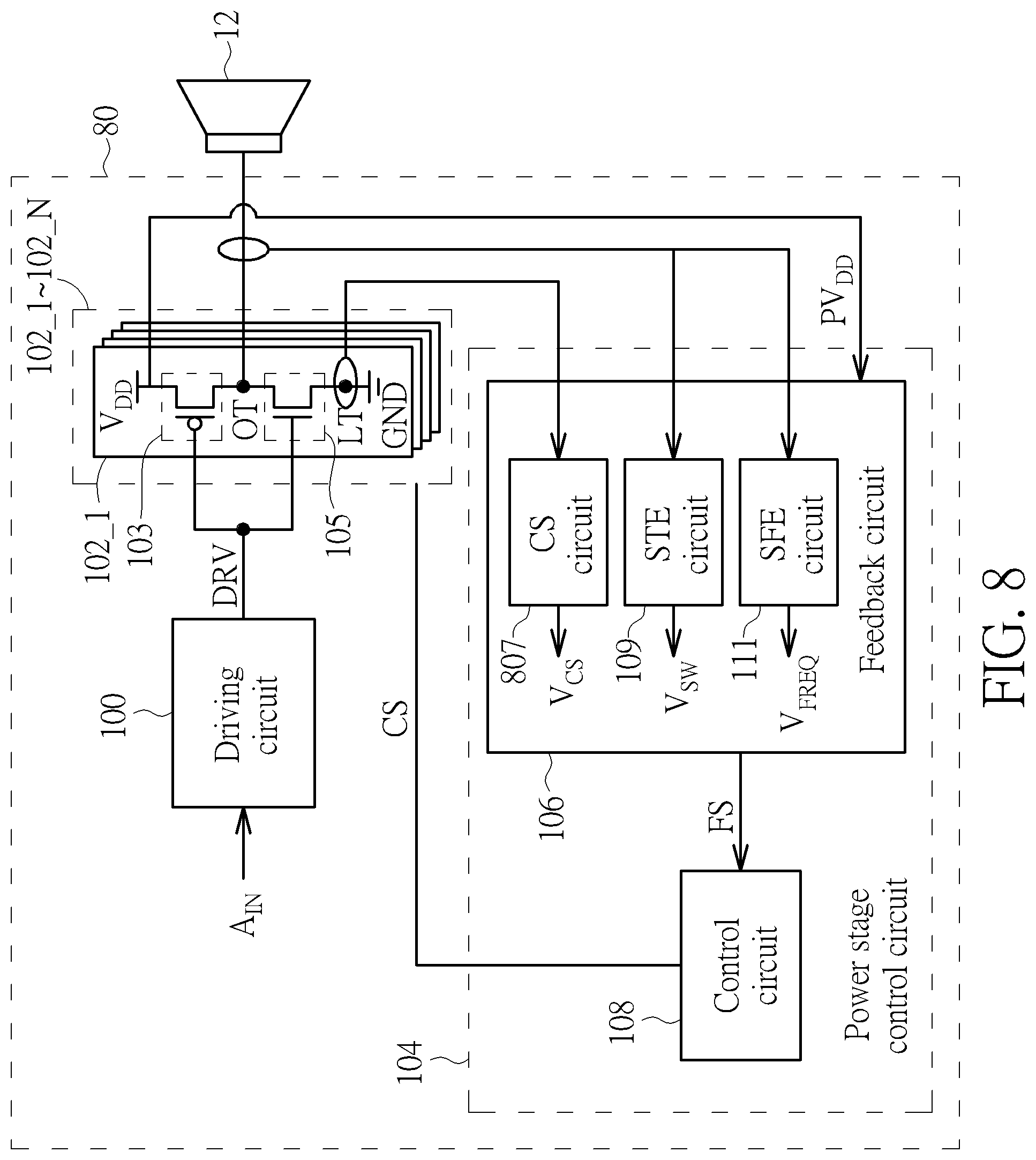 Patent US12395127 Figure 8 – Audio amplifier with feedback control