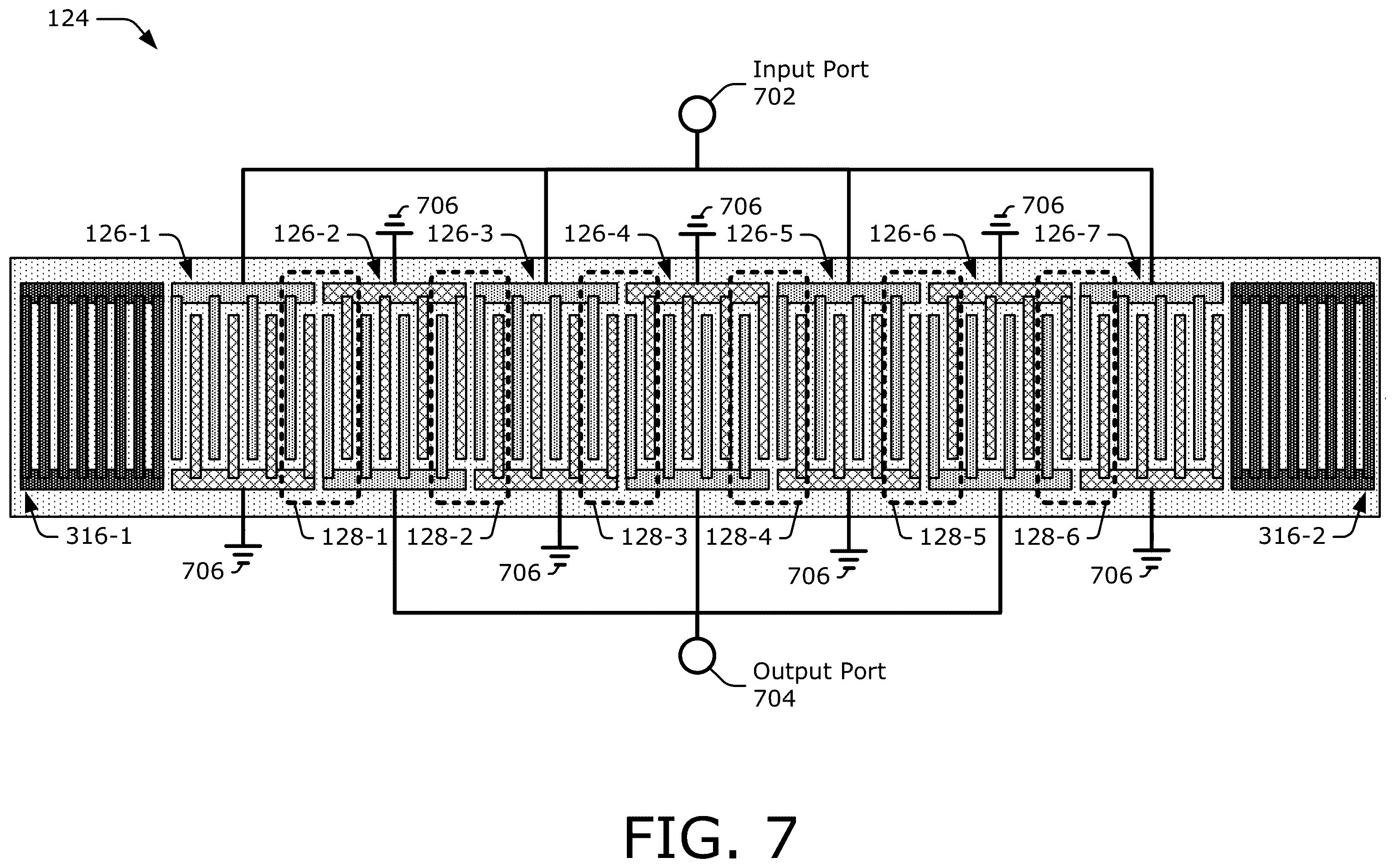 Patent US12395148 Figure 8 – Double-mode surface-acoustic-wave (DMS) filter having a transition region with a partly uniform geometric property