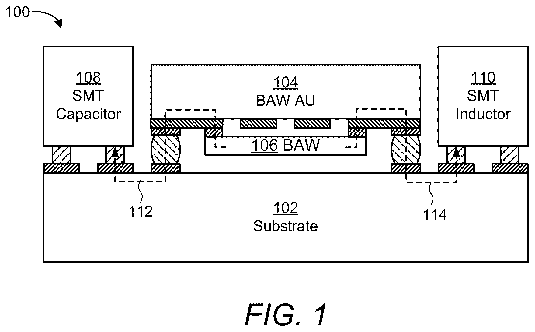 Patent US12395152 — Compact hybrid acoustic wave filter structure — Figure 1