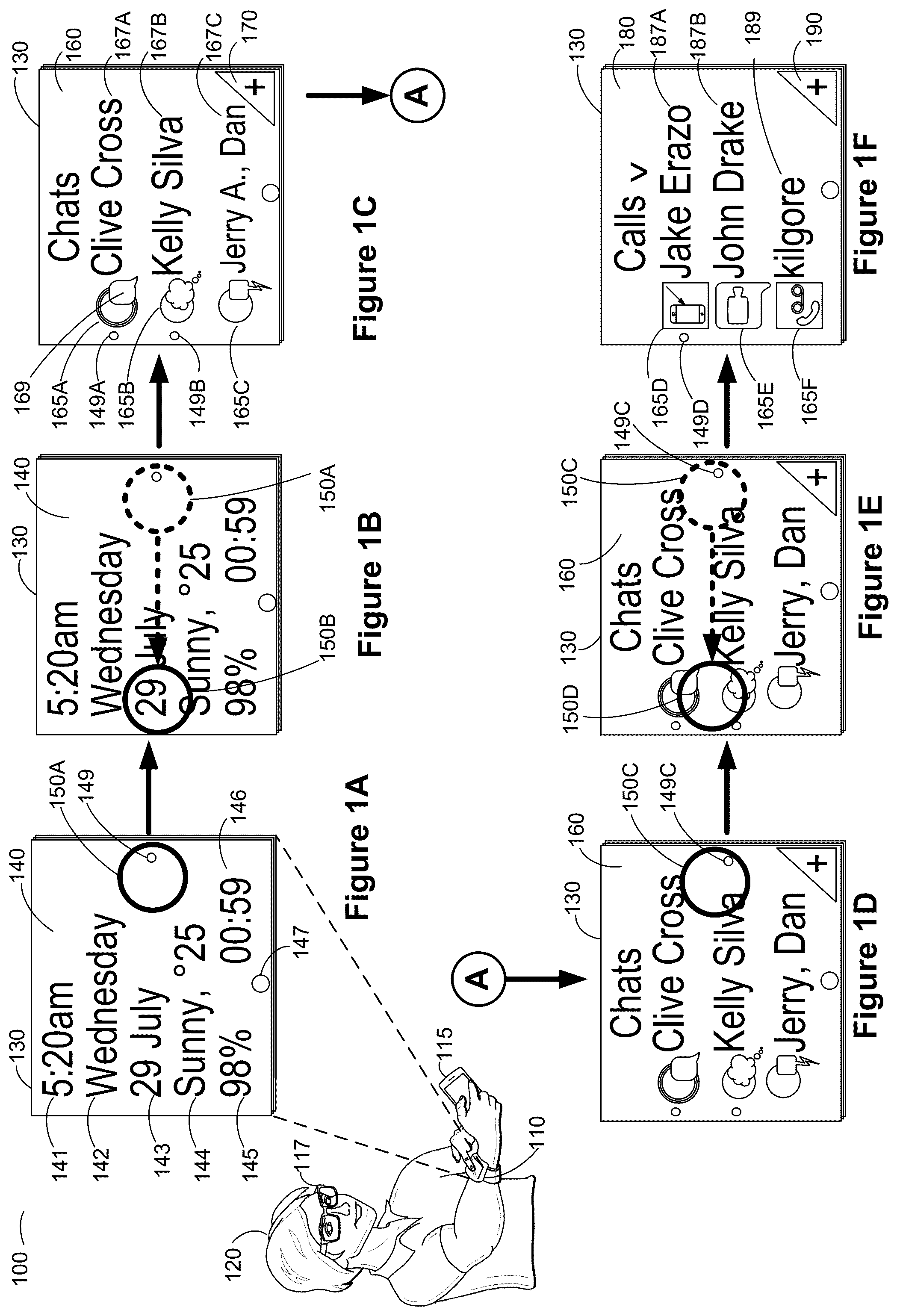 Patent US12395583 Figure 1 – Wrist-wearable devices for aggregating and guiding access to data from multiple different electronic messaging applications via a quickly-accessible communications-hub mode, and methods of use thereof
