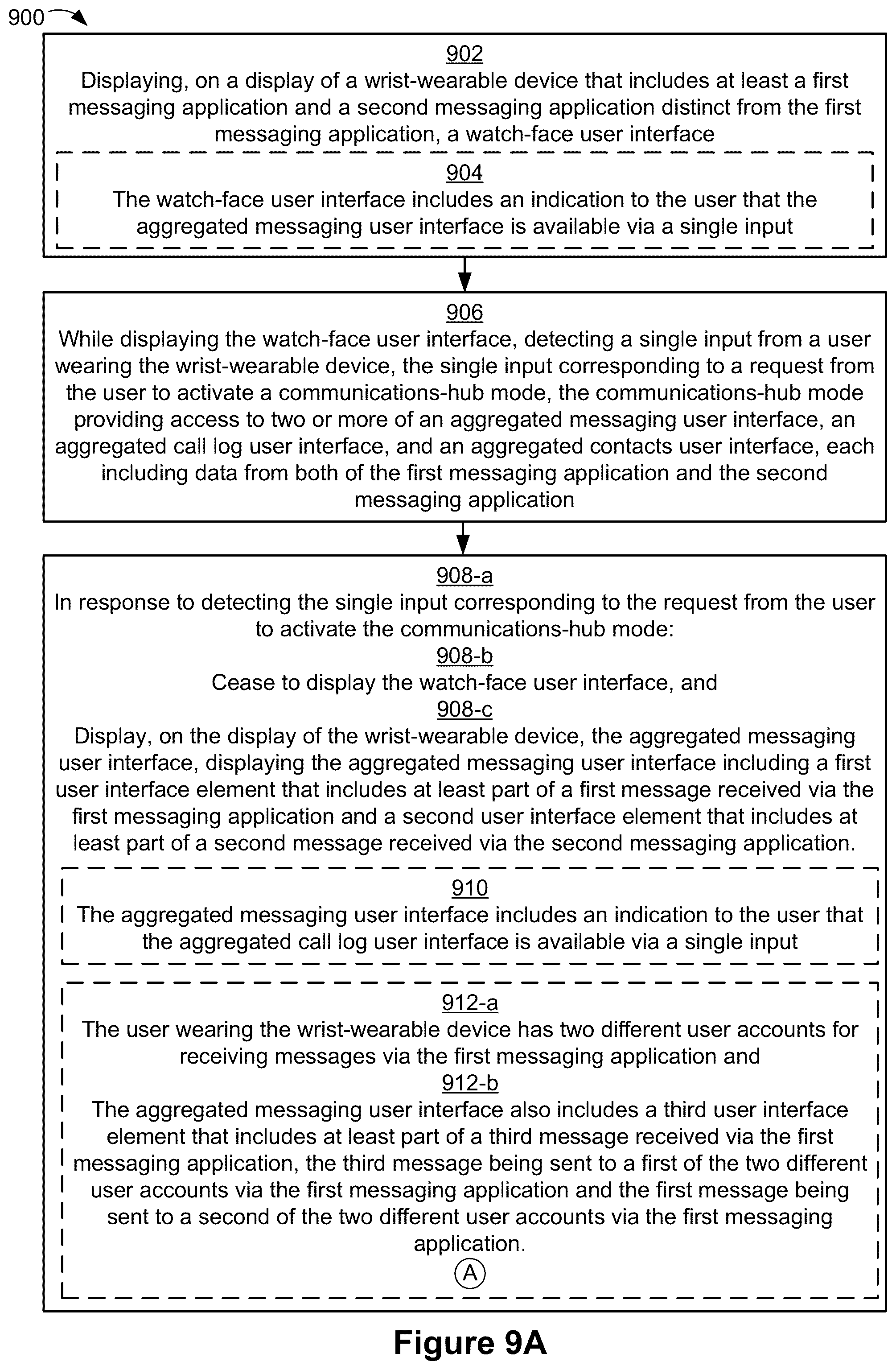 Patent US12395583 Figure 12 – Wrist-wearable devices for aggregating and guiding access to data from multiple different electronic messaging applications via a quickly-accessible communications-hub mode, and methods of use thereof