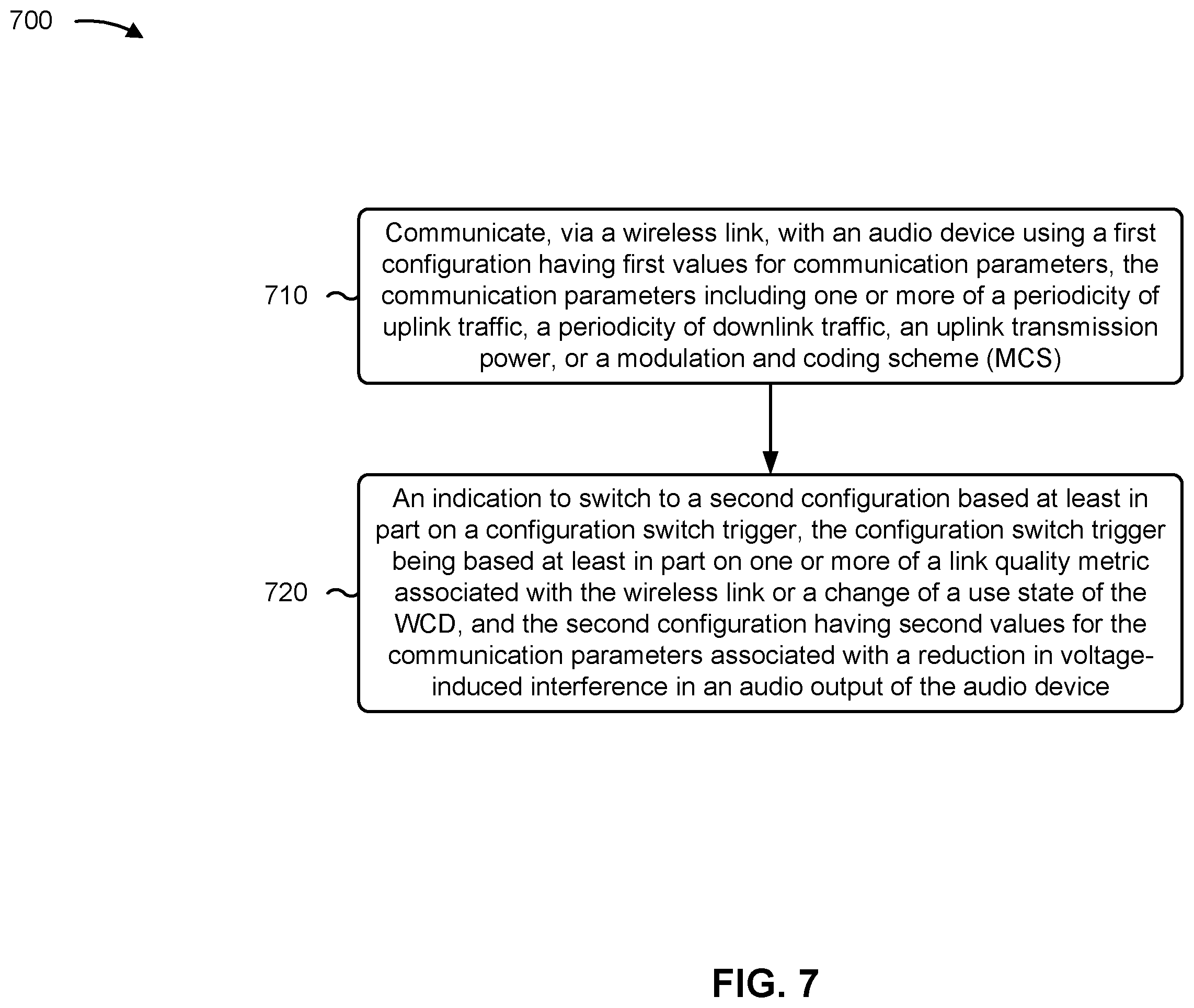 Patent US12395864 Figure 7 – Configuration switch triggers for audio device communications