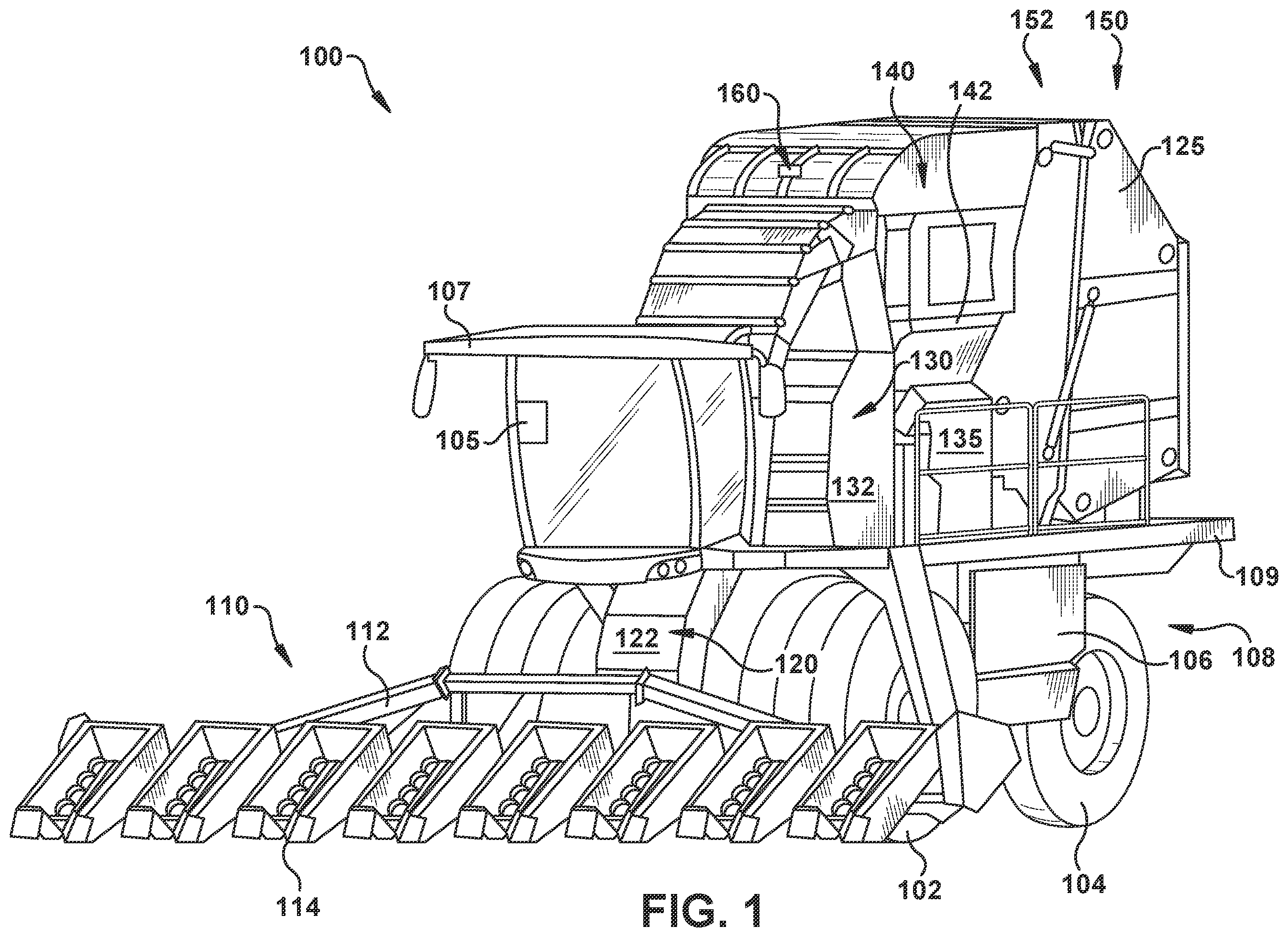 Patent US12396392 Figure 1 – Crop feed rate control system for a harvester vehicle